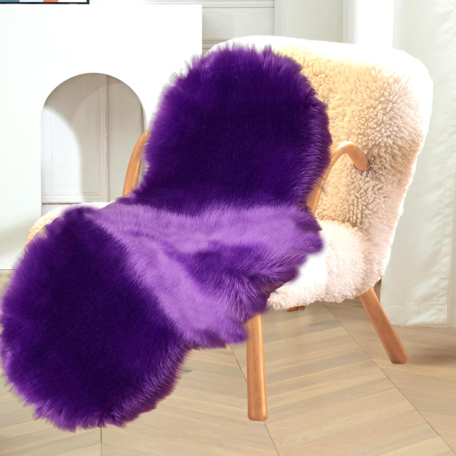 Alfombra suave y esponjosa con forma de oveja sintética, alfombra de área de piel morada, funda de sofá, cojín de asiento, alfombra peluda junto a