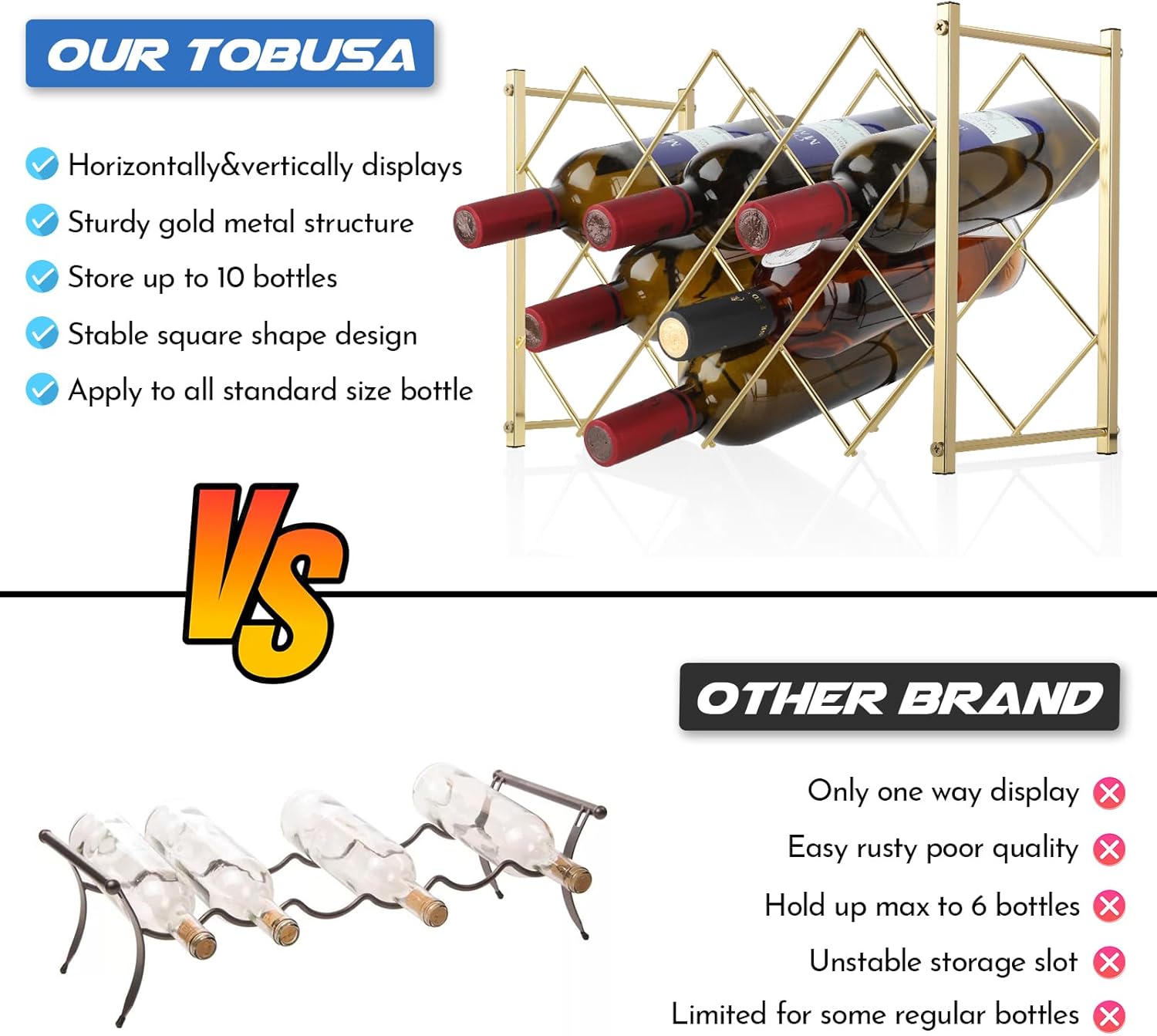 TOBUSA Estante de vino dorado para encimera, moderno estante de vino independiente, soporte para 10 botellas de vino de diseño simple, estante de