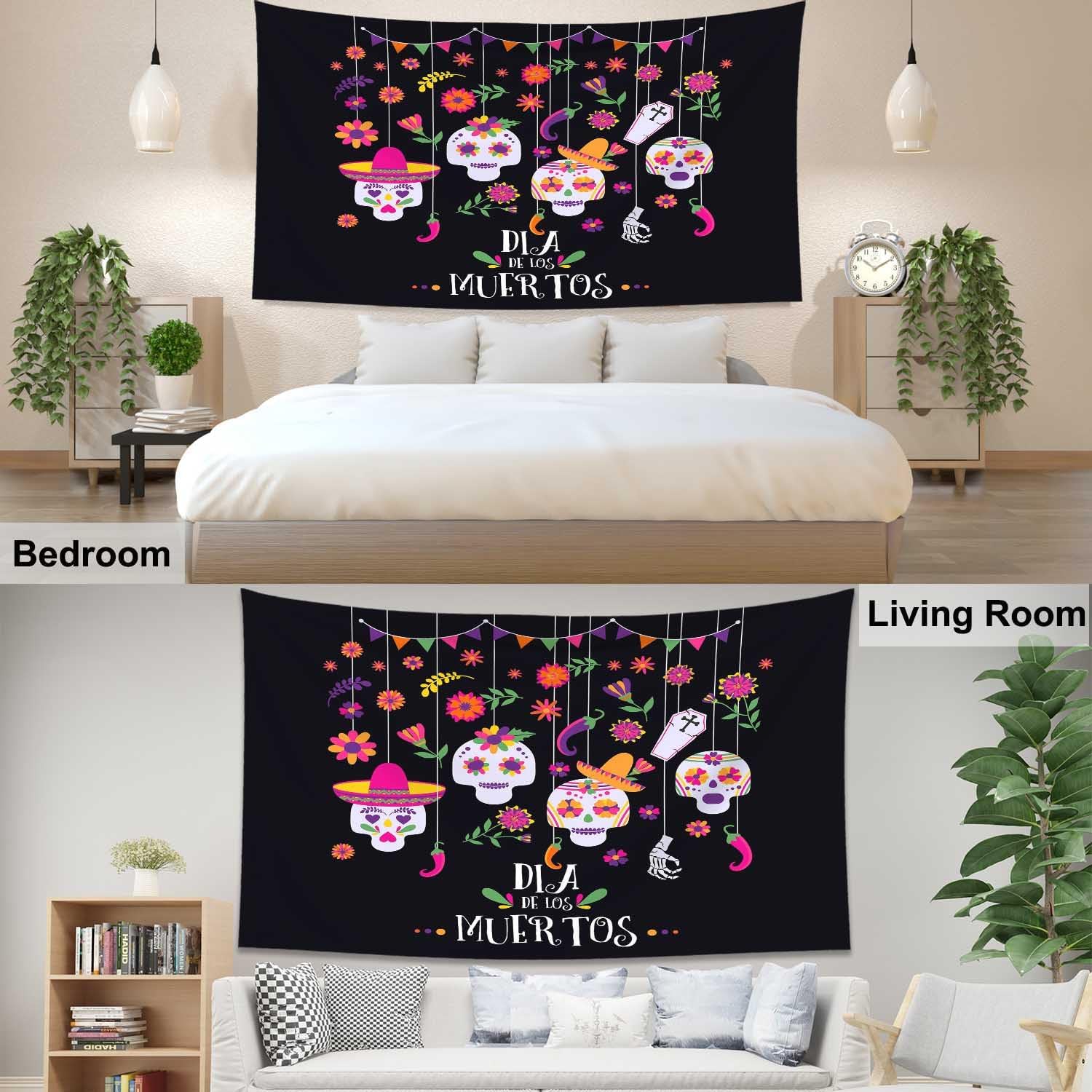 Pznen Tapiz del Día de los Muertos para colgar en la pared, diseño de calavera con diseño de flores, fondo negro grande, 60 x 80 pulgadas, fondo
