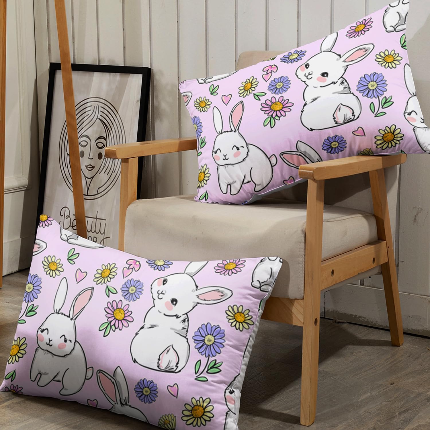 AILONEN Juego de sábanas bajeras de conejo tamaño individual, juego de sábanas Kawaii de conejo, juego de sábanas de conejo floral para niñas y