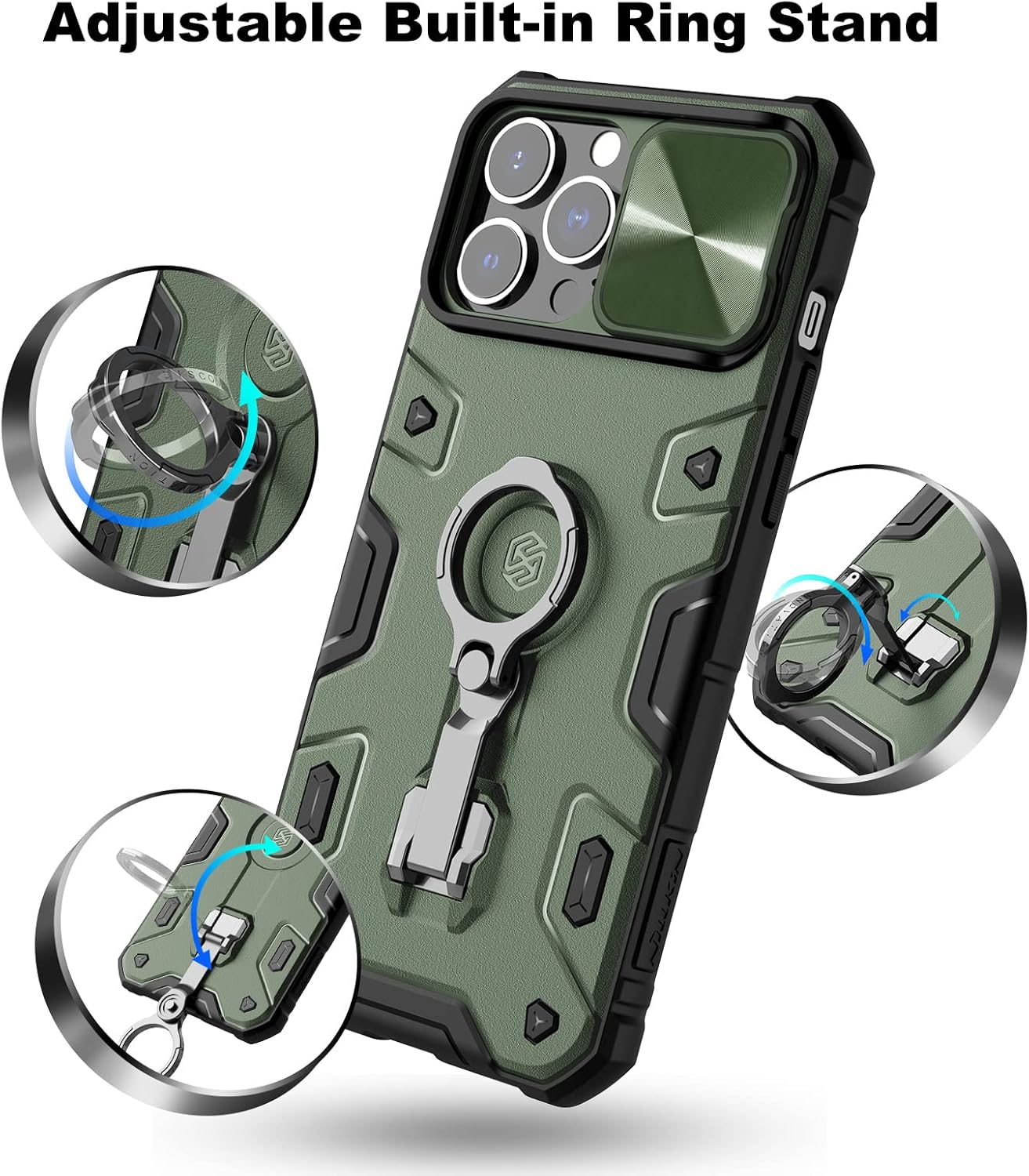 Nillkin Funda para iPhone 13 Pro Max con soporte, funda para cámara deslizante, de grado militar, a prueba de golpes, compatible con cargador