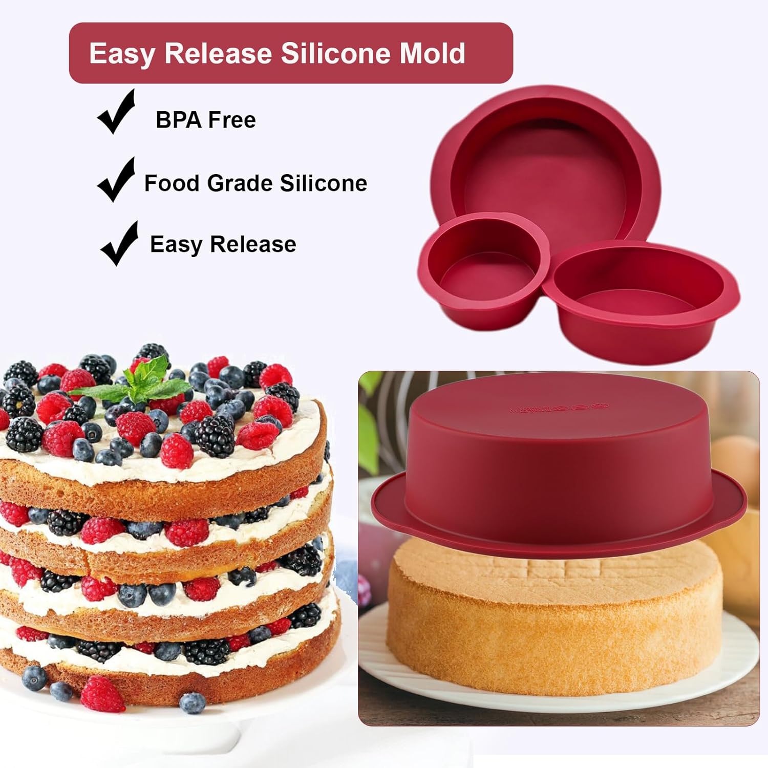 Juego de 3 moldes redondos de silicona color rojo vino para hornear, moldes de silicona flexible antiadherente para pasteles de capas, pastel de