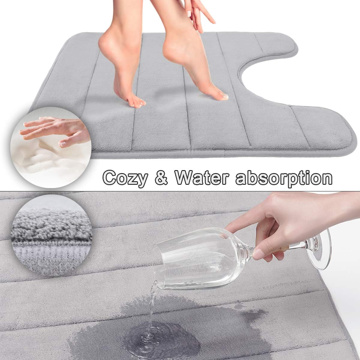 Yimobra Tapete de baño de espuma viscoelástica en forma de U, suave y cómodo, súper absorción de agua, antideslizante, grueso, lavable a máquina y