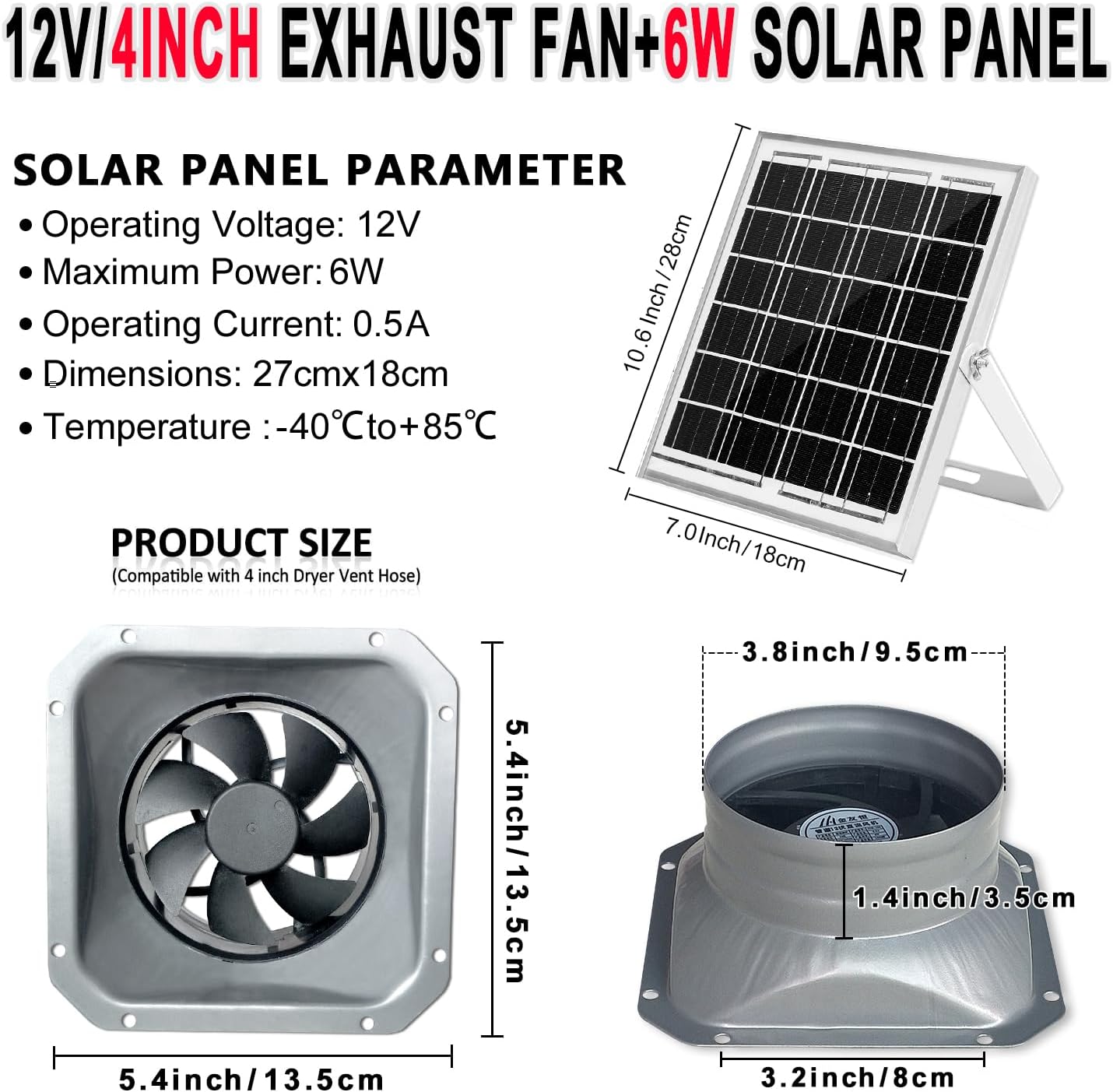Ventilador solar para toda la casa, panel solar de 6W, ventilador de escape de brida de tubo de 4 pulgadas, utilizado para exteriores, ventilación