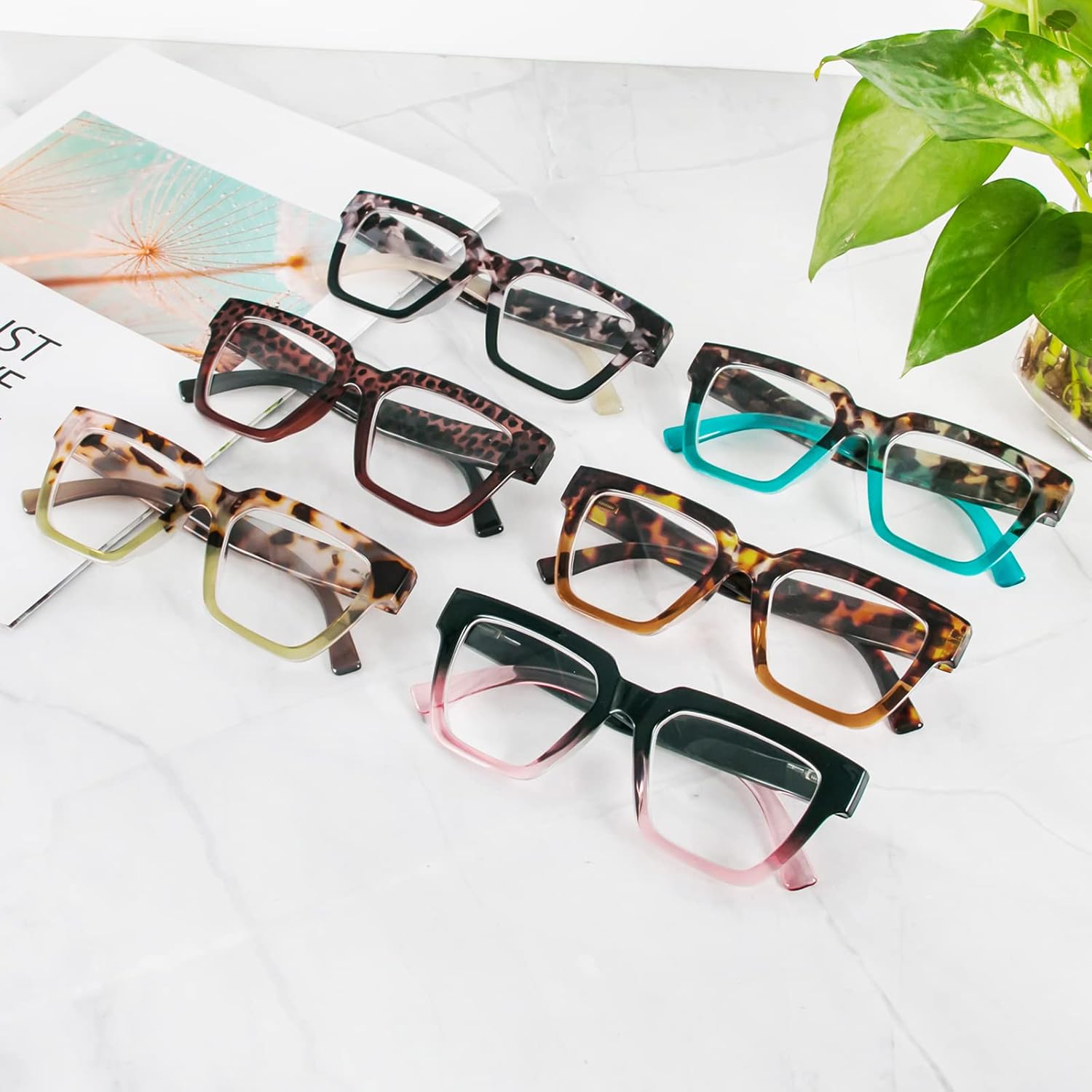 KoKoBin Paquete de 6 lentes de lectura estilo Oprah para mujer, marco cuadrado de gran tamaño, bloqueo de luz azul, cómodos lectores