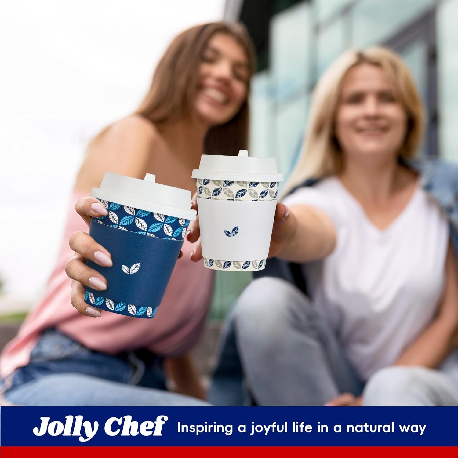 JOLLY CHEF Paquete de 100 tazas de café de papel de 10 onzas, vasos desechables de papel impreso con tapas, fundas y agitadores para el hogar,