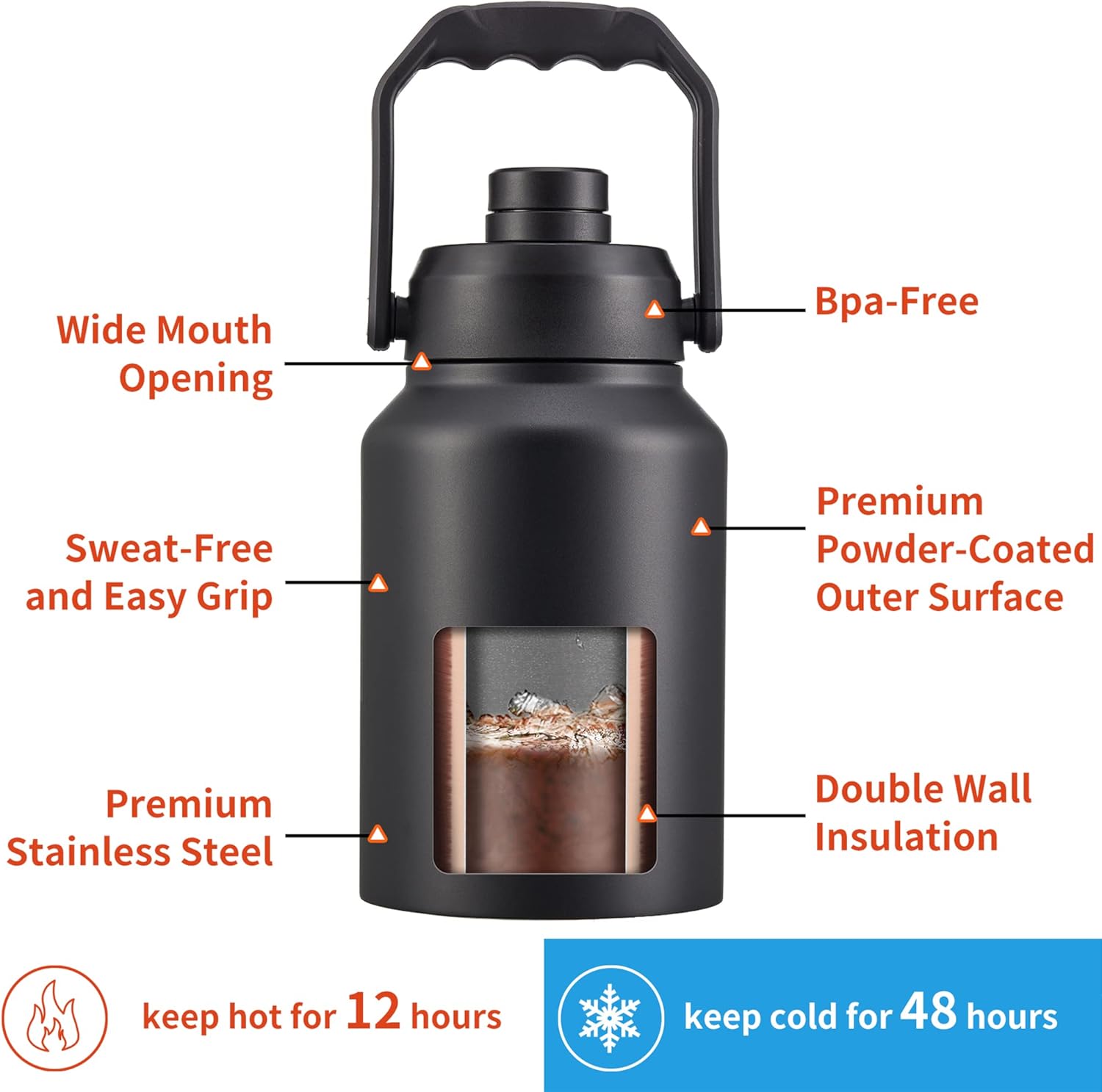 CIVAGO Botella de agua aislada de medio galón, frasco de agua deportivo de acero inoxidable de 64 onzas, taza térmica grande con bolsa y asa, noche