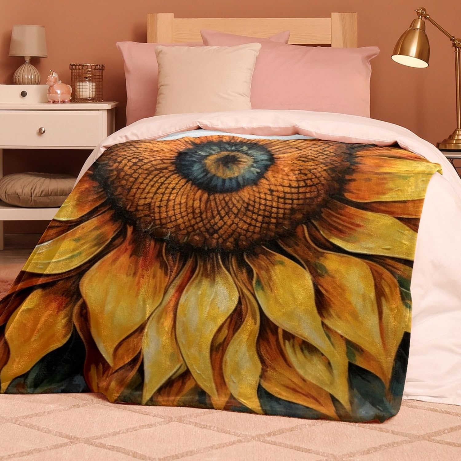 Manta de forro polar con estampado de girasol, tamaño individual, suave, ligera, acogedora, perfecta para cama, sofá, viajes, campamento, 59.0 x