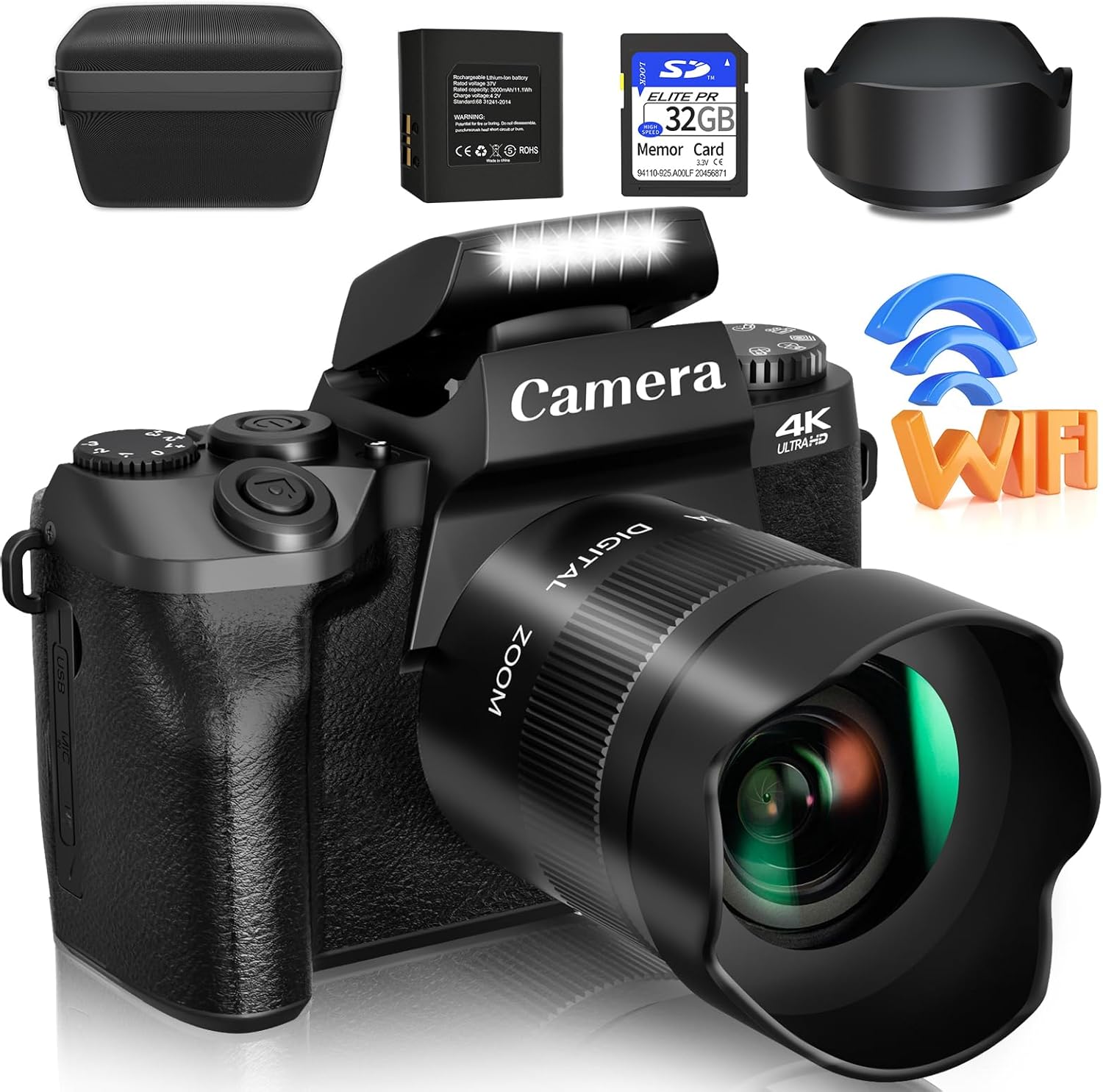 Saneen Cámara digital, cámaras 4K para fotografía y video, cámara de vlogging con pantalla táctil WiFi de 64 MP para YouTube con Flash, tarjeta SD