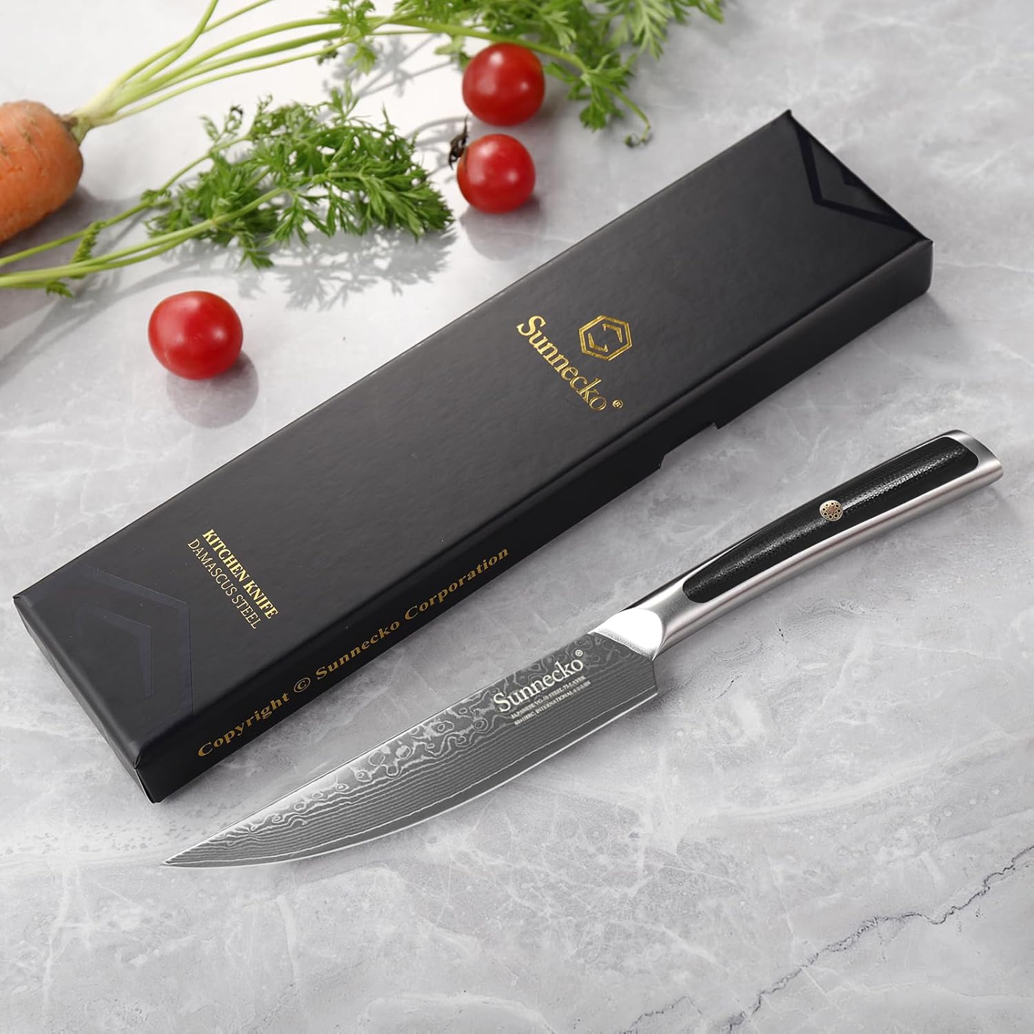 Sunnecko Cuchillo para carne de cocina de 5 pulgadas, cuchillo de carne de Damasco VG-10, cuchillo japonés de acero inoxidable, sin dentar, acero