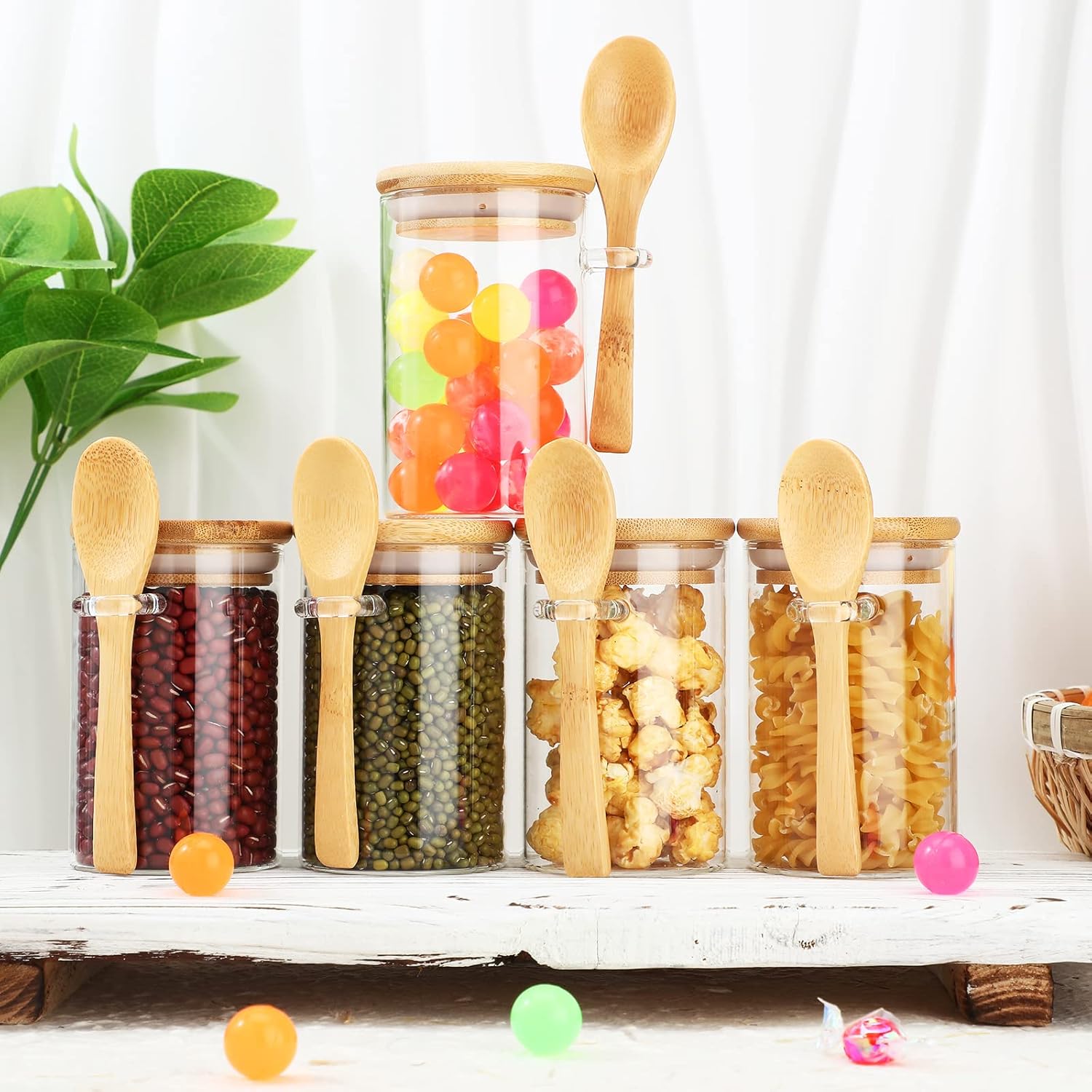 12 juegos de tarros de vidrio con tapas y cucharas de bambú, recipientes herméticos de vidrio de borosilicato, recipientes de almacenamiento de