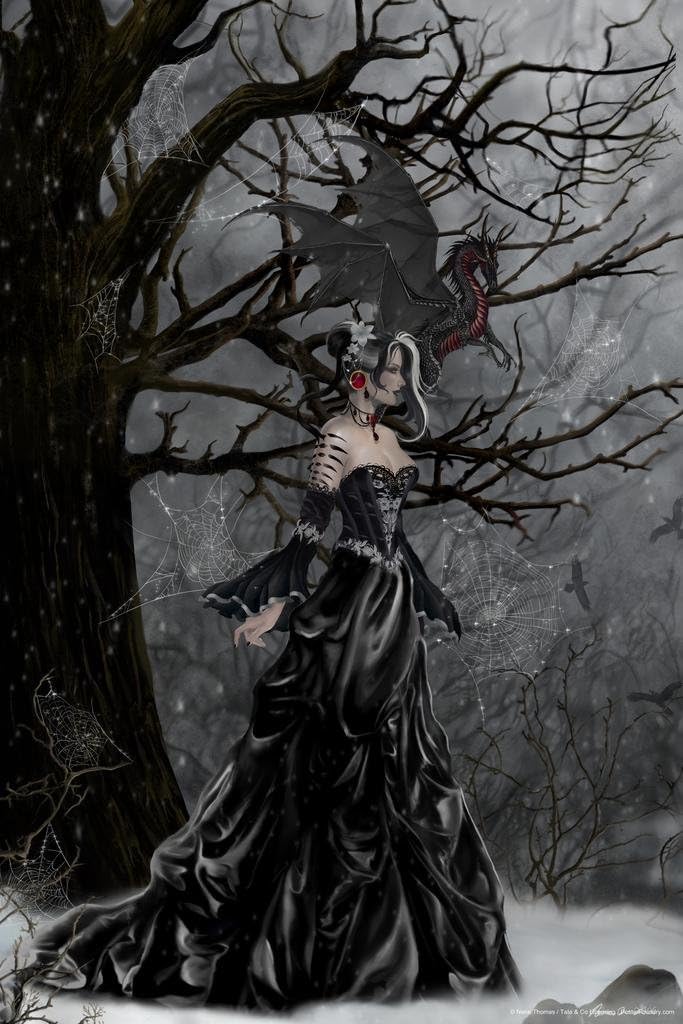 Nene Thomas – Póster de fantasía de Queen of Shadows at Night with Black Baby Dragon de Nene Thomas de fantasía del bosque oscuro brujería hechicero