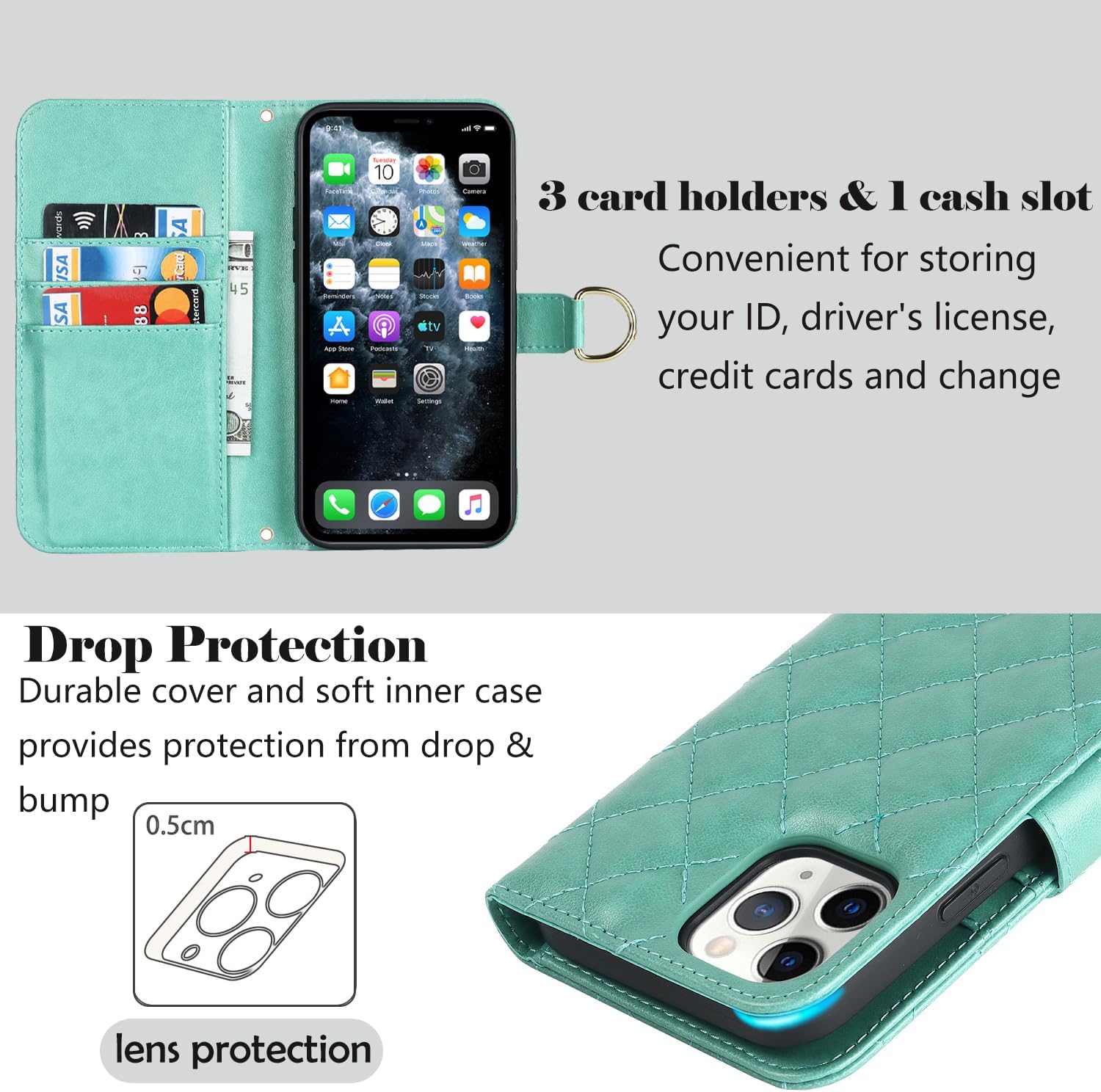 Havaya Funda cruzada para iPhone 11 Pro Max con correa para mujer con tarjetero para iPhone 11 Pro Max, funda tipo cartera con tapa y ranura para