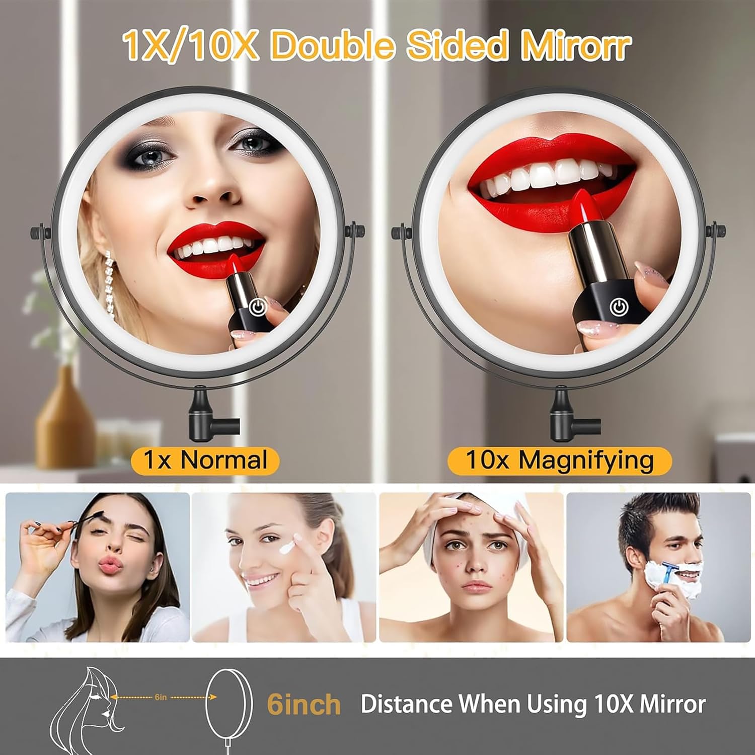 Espejo de maquillaje de 8 pulgadas con luces y aumento, espejo de aumento 1X10X con luz, rotación de 360 de doble cara, espejo de tocador de