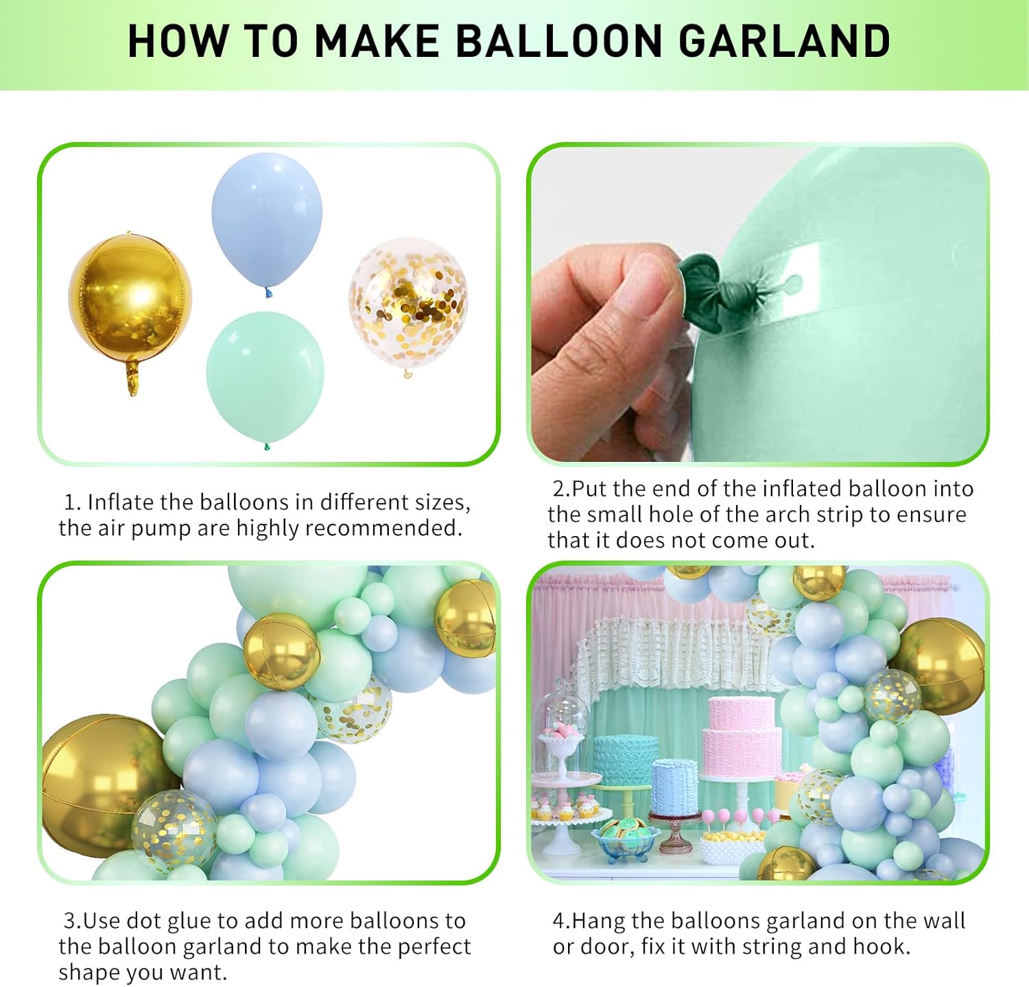 Kit de arco de guirnalda de globos color verde menta pastel y azul con globos dorados metálicos 4D, globo de papel de aluminio, confeti dorado, té