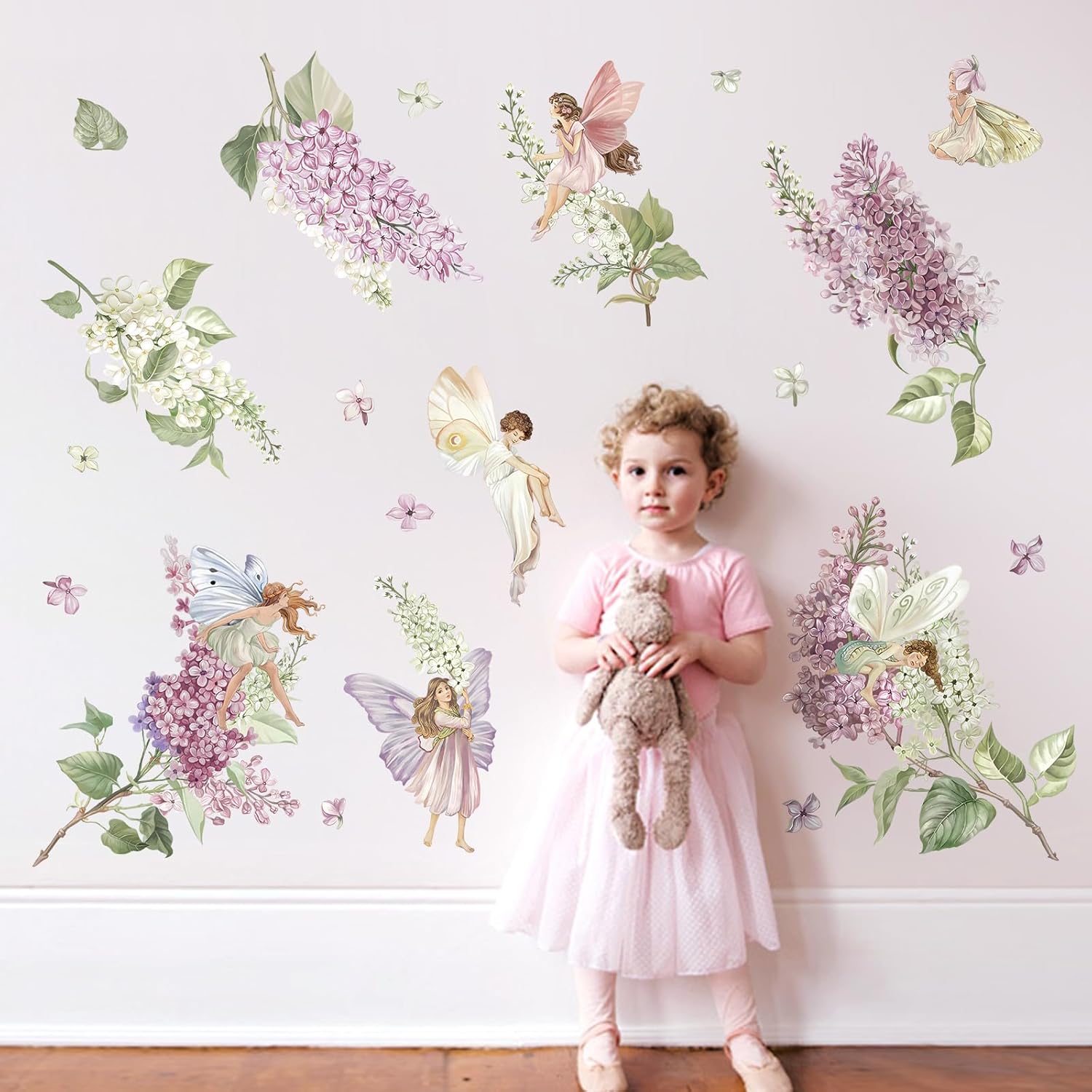 wondever Calcomanías de pared de flores lilas moradas y blancas, diseño de elfo floral de hadas, calcomanías de arte de pared para dormitorio de
