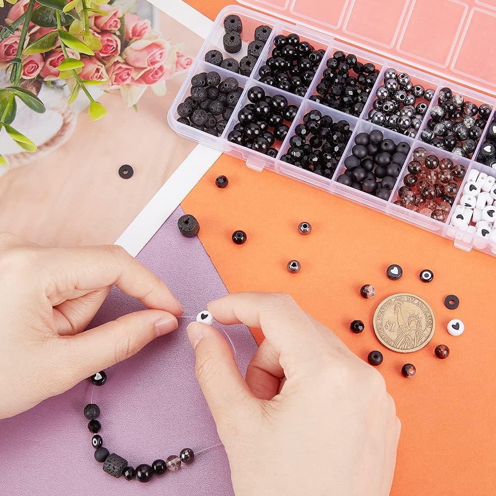 PH PandaHall 522 cuentas redondas de vidrio de 0.315 a 0.315 pulgadas, cuentas de pulsera blancas y negras de roca de lava natural, cuentas