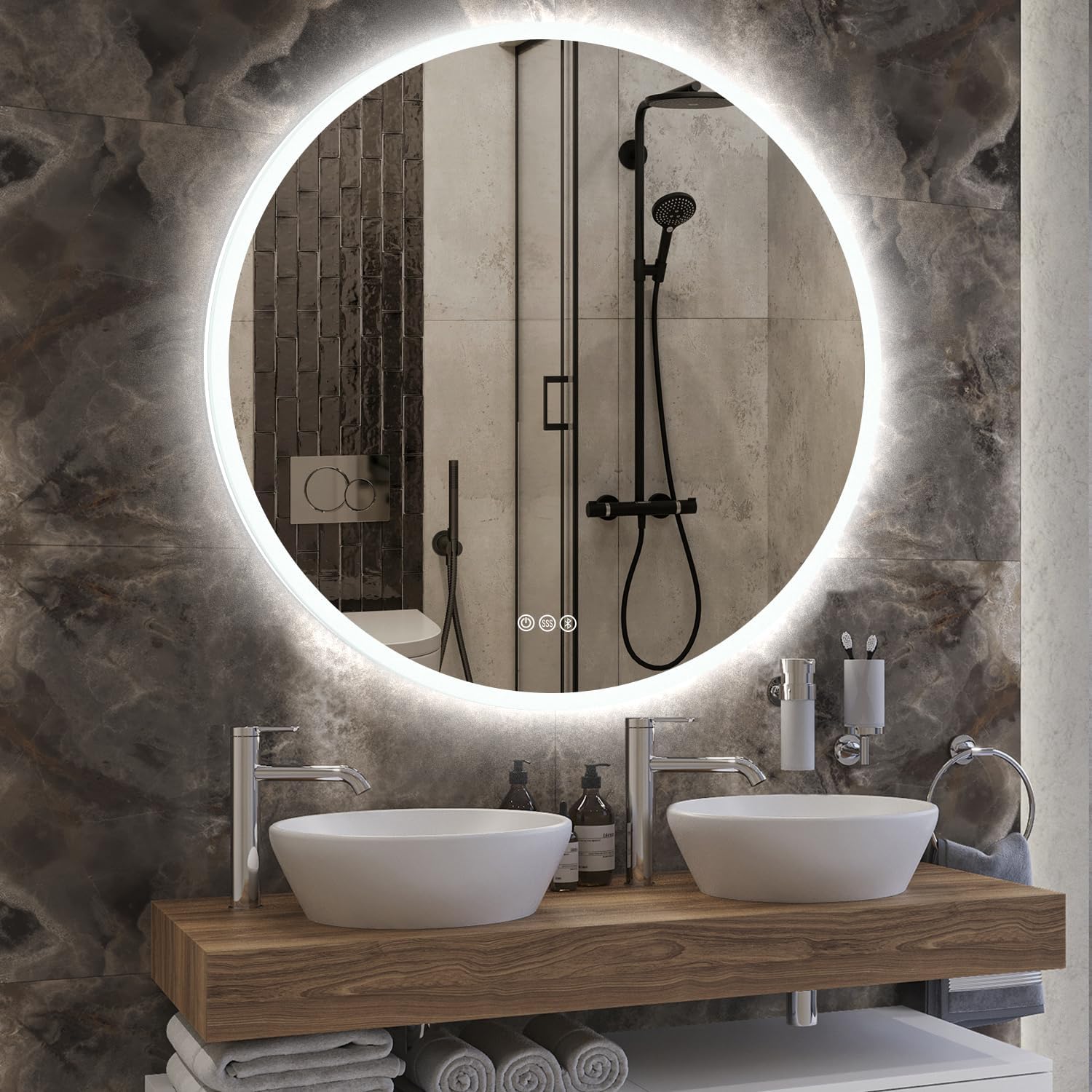 SBAGNO – Espejo de baño redondo de 32 luces con marco acrílico, espejo de baño LED de tocador montado en la pared, atenuación, cambio de color,