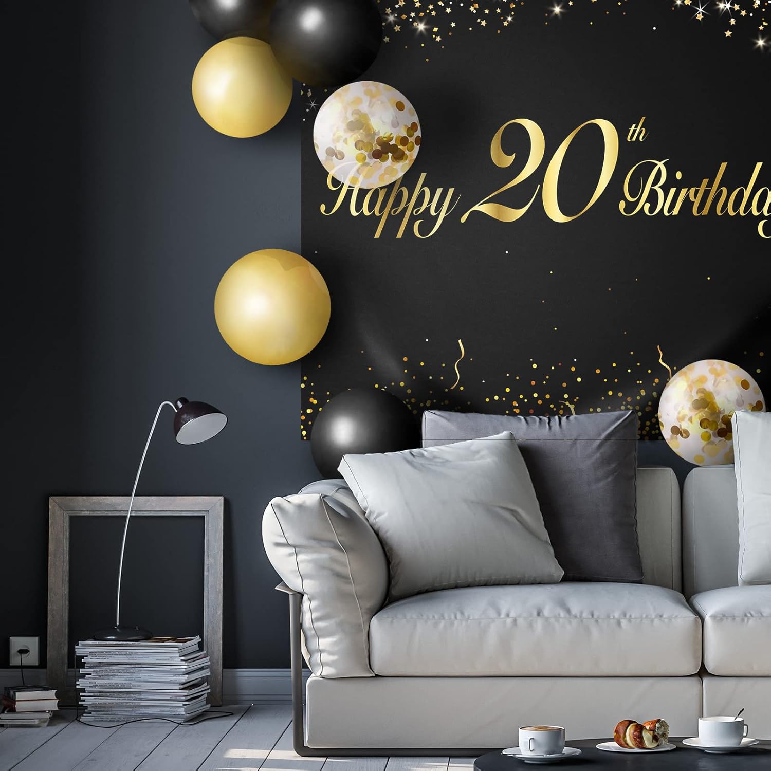 Juego de globos negros de feliz 20 cumpleaños  Saludos a los 20 años de edad temática de fiesta temática guirnalda pancarta decoración telón de