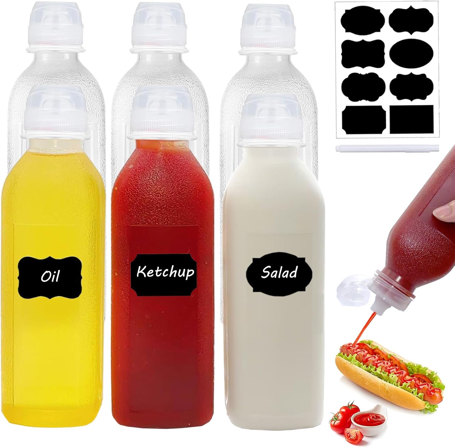 WAYDA Botellas exprimibles para condimentos, paquete de 6 botellas exprimibles para salsas, recipiente de aderezo de ensalada de ketchup, botellas