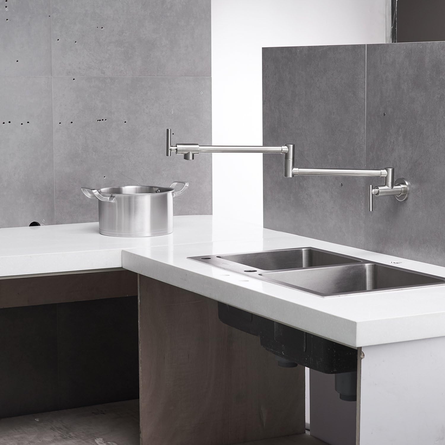 Grifo de llenado de ollas de níquel cepillado, montaje en pared, grifos de cocina comerciales de latón plegable y elástico con un solo orificio dos