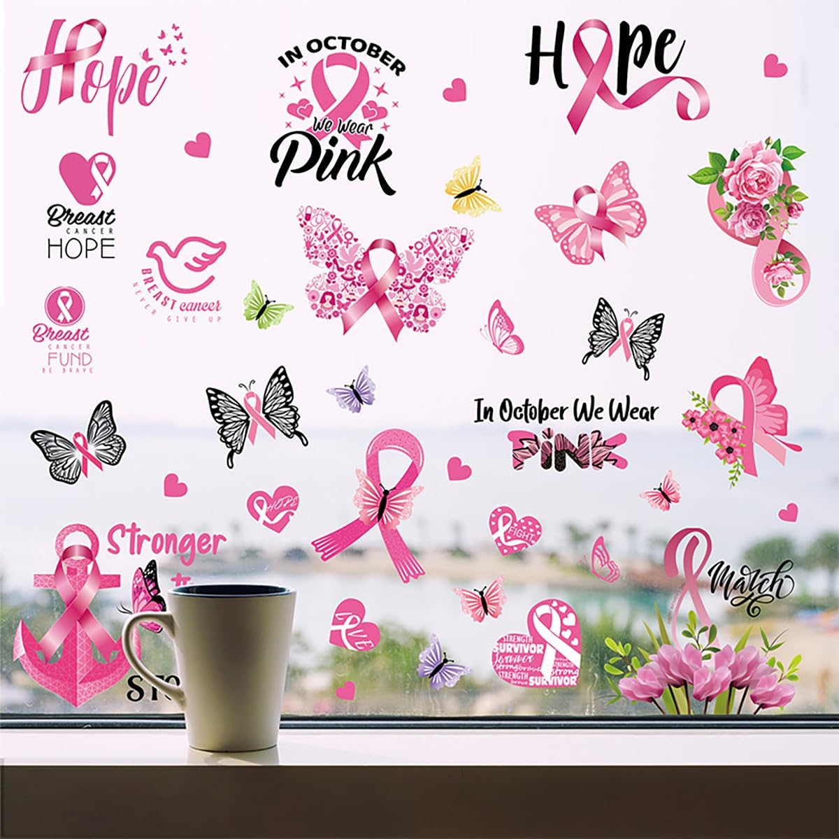 Adhesivos para ventana de concientización sobre el cáncer de mama, 9 hojas de cinta rosa, calcomanías de decoración de cáncer de mama, calcomanías