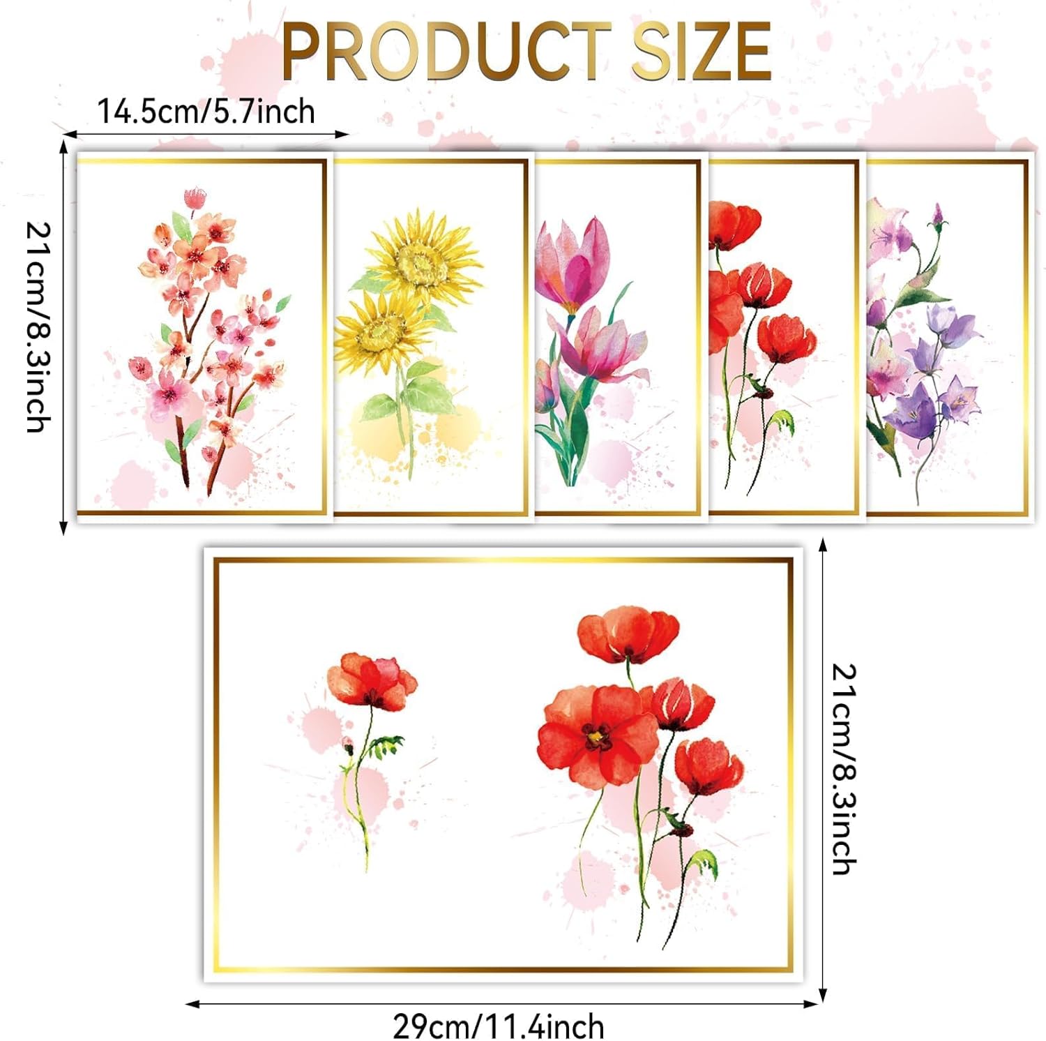 gisgfim 5 tarjetas de flores de acuarela jumbo, tarjeta de felicitación floral grande, diseños de lámina dorada con sobres, libro de invitados