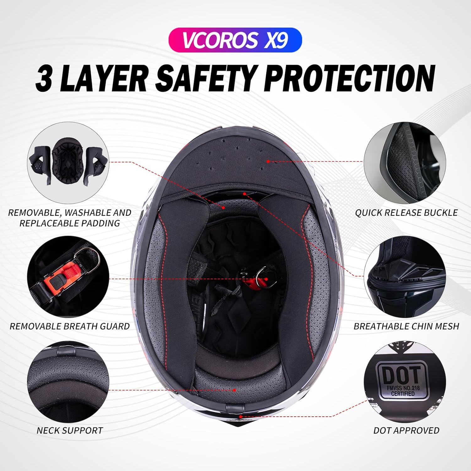 VCOROS Casco de motocicleta de cara completa X9 con visera interior y bolsillos para altavoces listos para Bluetooth, aprobado por DOT, casco de
