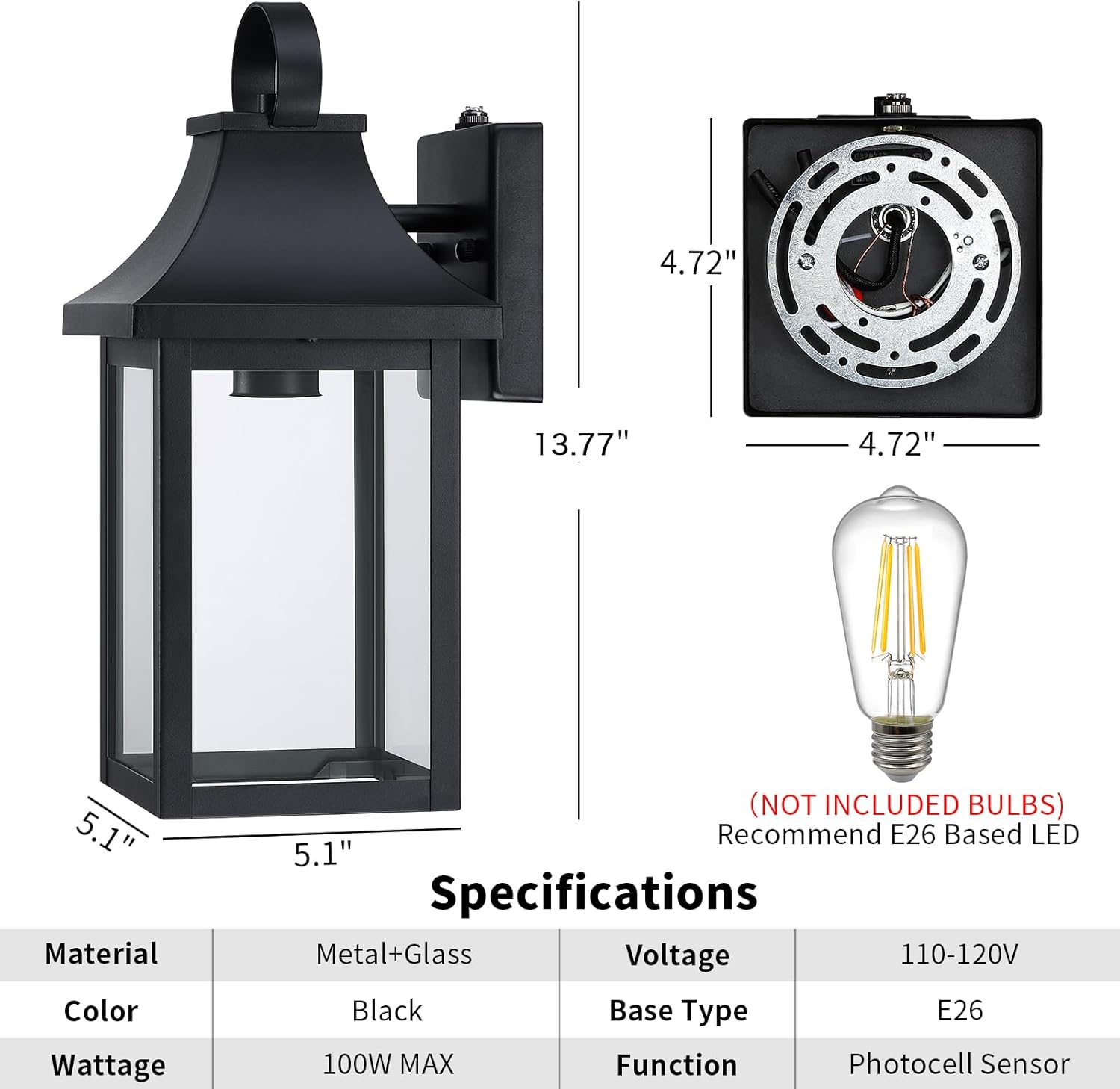 Lámparas de pared para exteriores del atardecer al amanecer, de 13.75 pulgadas, aplique de pared exterior con enchufe de base E26, farol de pared