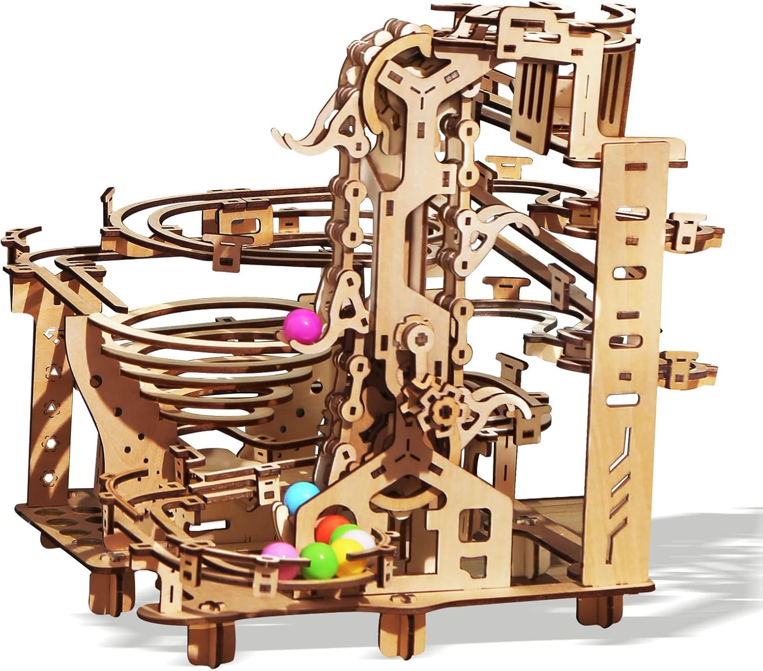 Kit de carrera de mármol de madera, rompecabezas 3D, bolas de colores de madera, polipasto escalonado con mecanismo de elevación de 3 escalones,