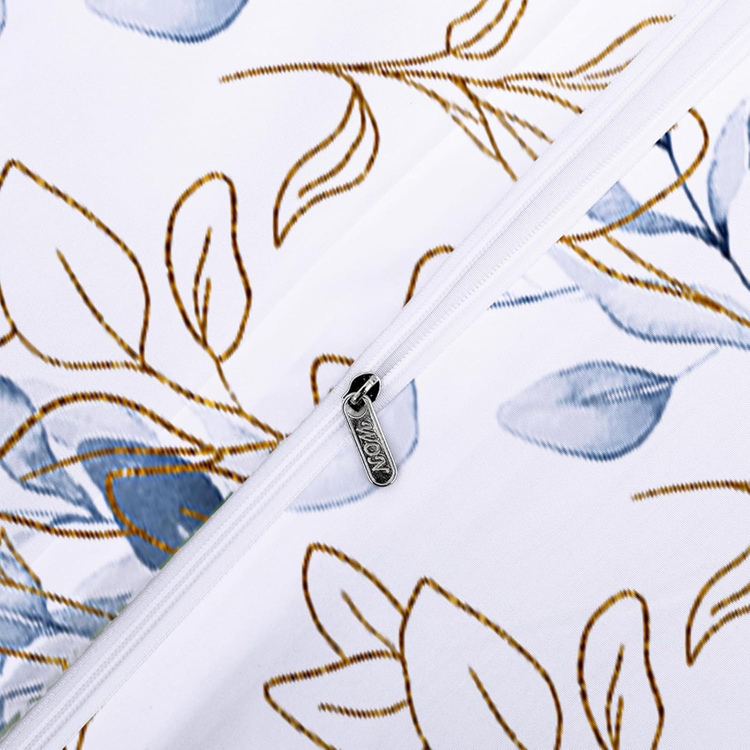 Juego de funda de edredón azul botánico tamaño Queen, 3 piezas reversibles con estampado de hojas azules y doradas con cierre de cremallera, funda