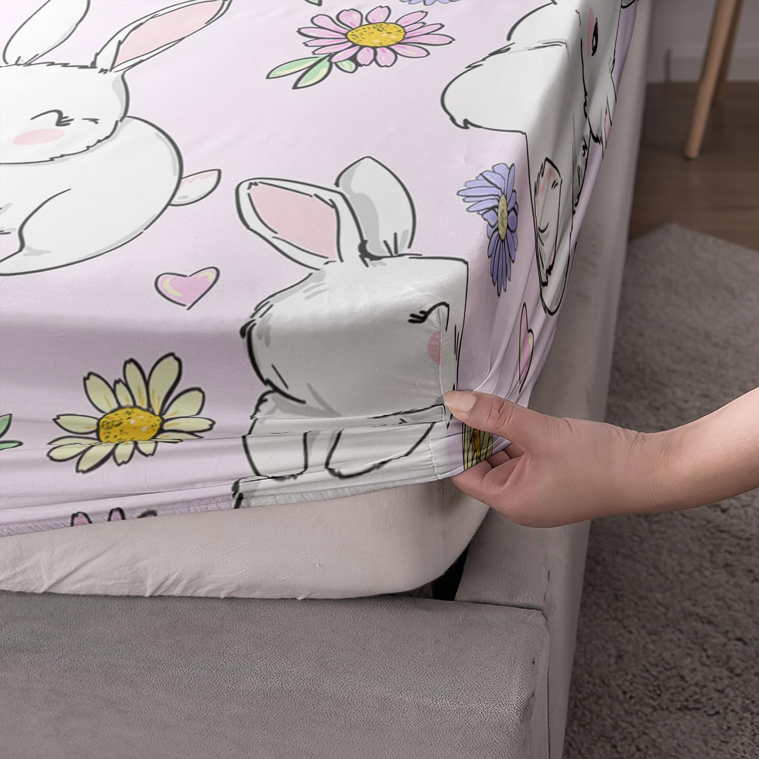 AILONEN Juego de sábanas bajeras de conejo tamaño individual, juego de sábanas Kawaii de conejo, juego de sábanas de conejo floral para niñas y