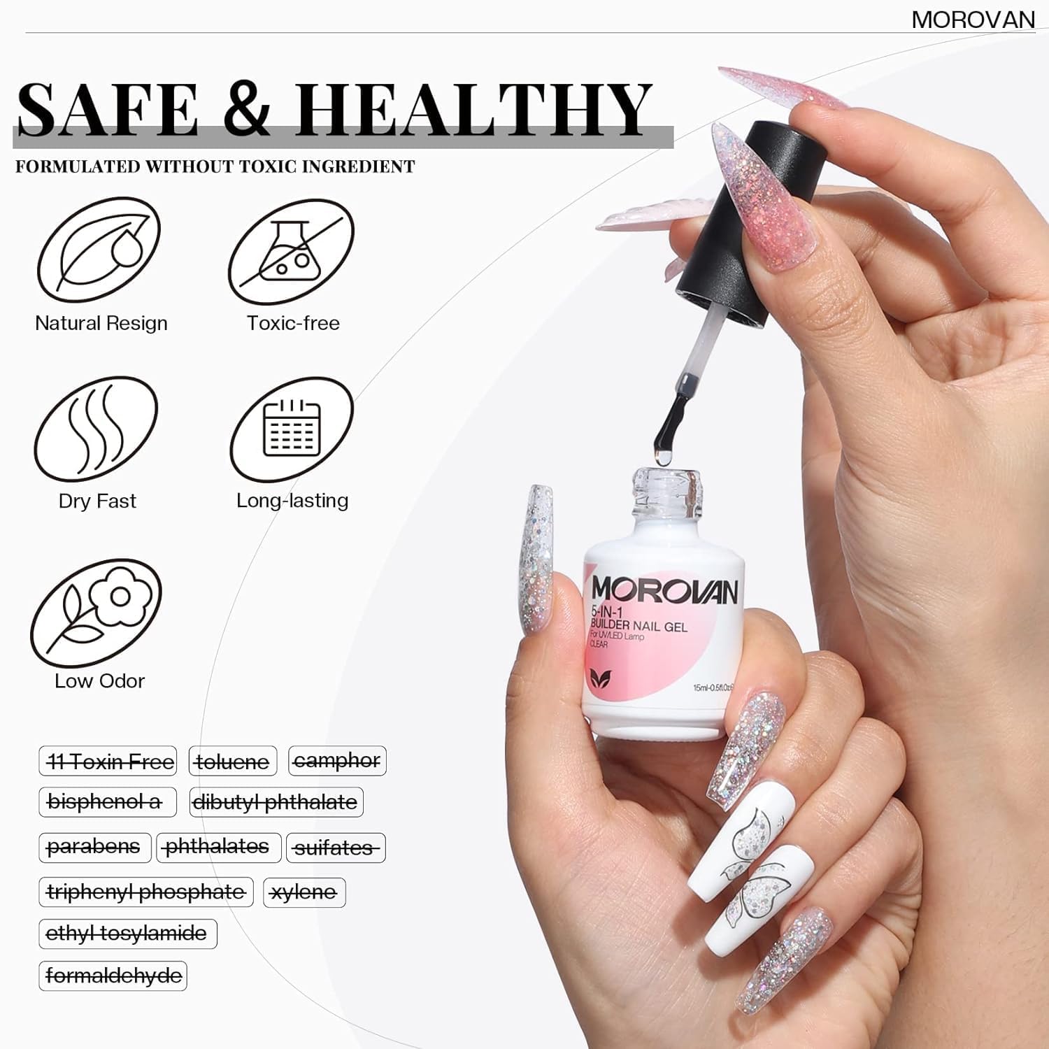 Morovan Gel constructor para uñas en botella gel constructor 5 en 1 para uñas, gel fortalecedor transparente para reforzar y dar forma a gel