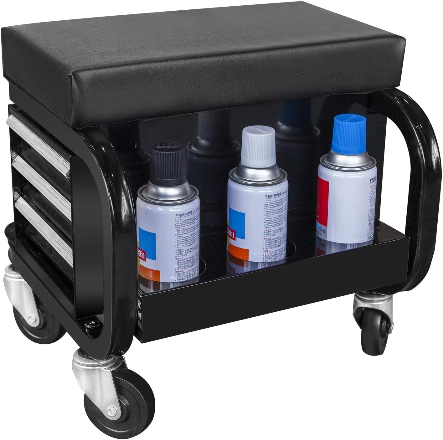 APD2016AD Torin – Caja de herramientas con 3 cajones y ruedas, asiento acolchado para taburete, color negro