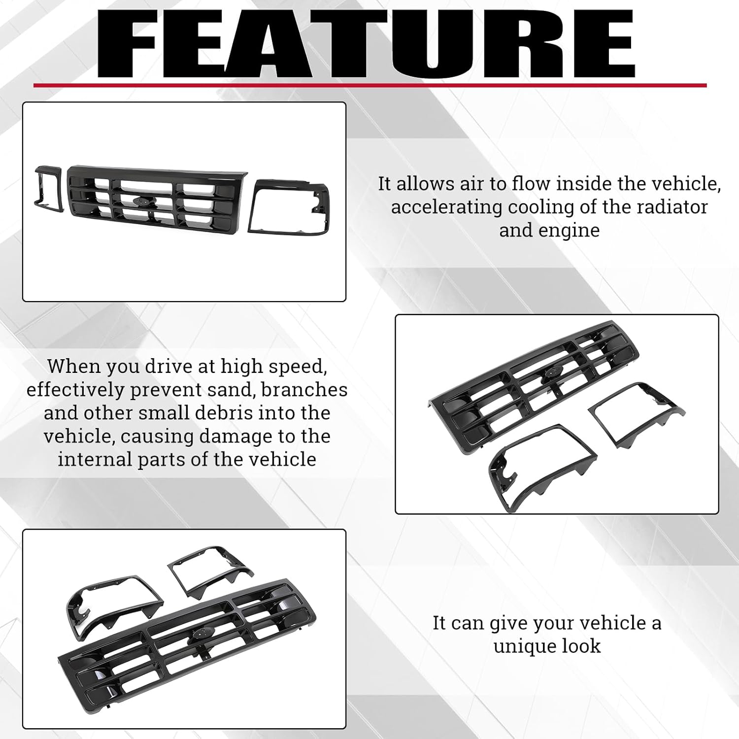 HECASA Rejilla delantera y bisel para faros delanteros compatible con Ford Bronco F-150 F-250 HD F-350 1992-1997 Reemplazo para FO1200172 FO2512131