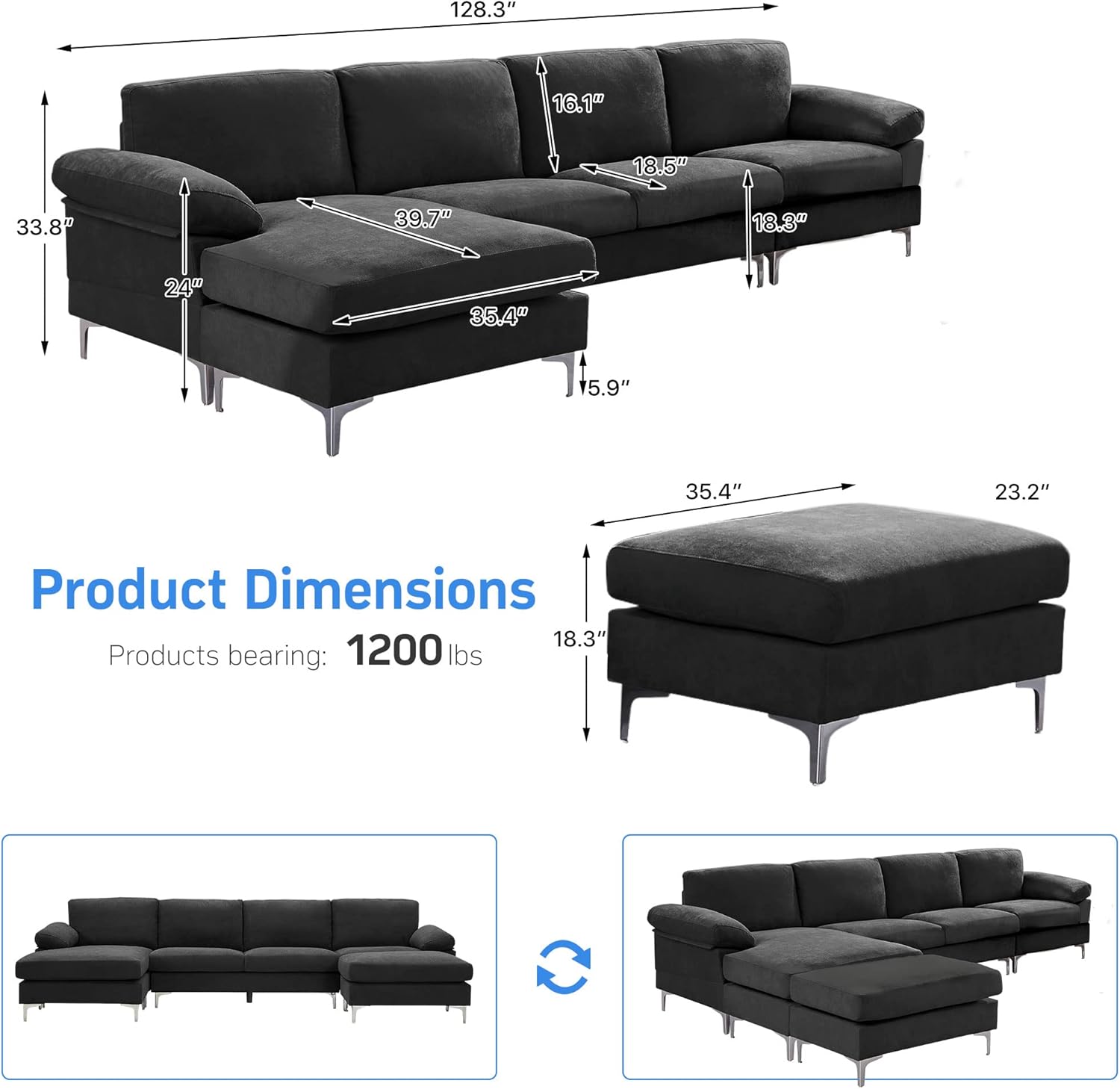 SUMKEA – Sofá modular en forma de U con diván, juego de sofá modular más grande para sala de estar, moderno sofá esquinero de terciopelo de 128