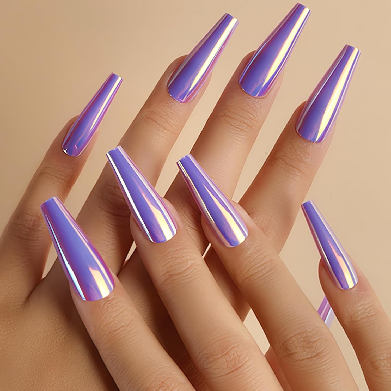 Uñas postizas a presión cromadas holográficas moradas, largas de espejo, de lujo, metálicas, camaleón, uñas postizas largas de bailarina, cobertura