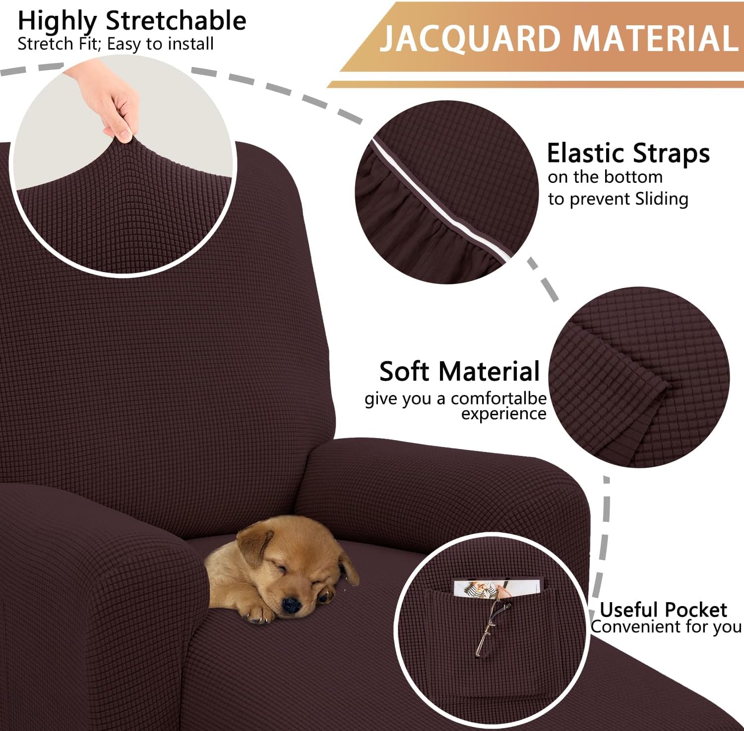 U-NICE HOME Fundas para silla reclinable, 4 piezas, fundas para silla jacquard elásticas (reclinable, chocolate)