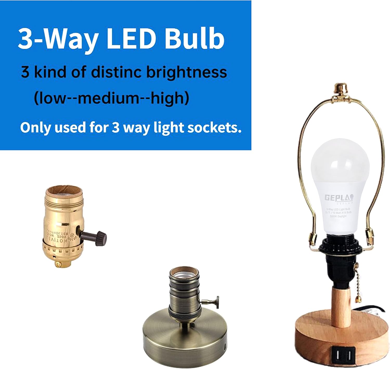 Paquete de 6 bombillas LED de repuesto con certificación UL, 50, 100, 150 W, luz diurna 5000K, bombillas A19 de tres vías con base E26, 70014002100