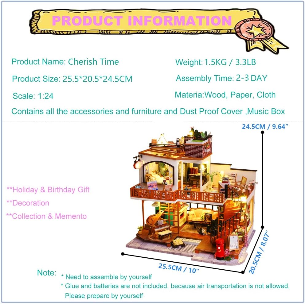 Roroom Kit de casa de muñecas en miniatura y muebles, modelo de casa de muñecas de madera 3D con cubierta a prueba de polvo y movimiento musical,