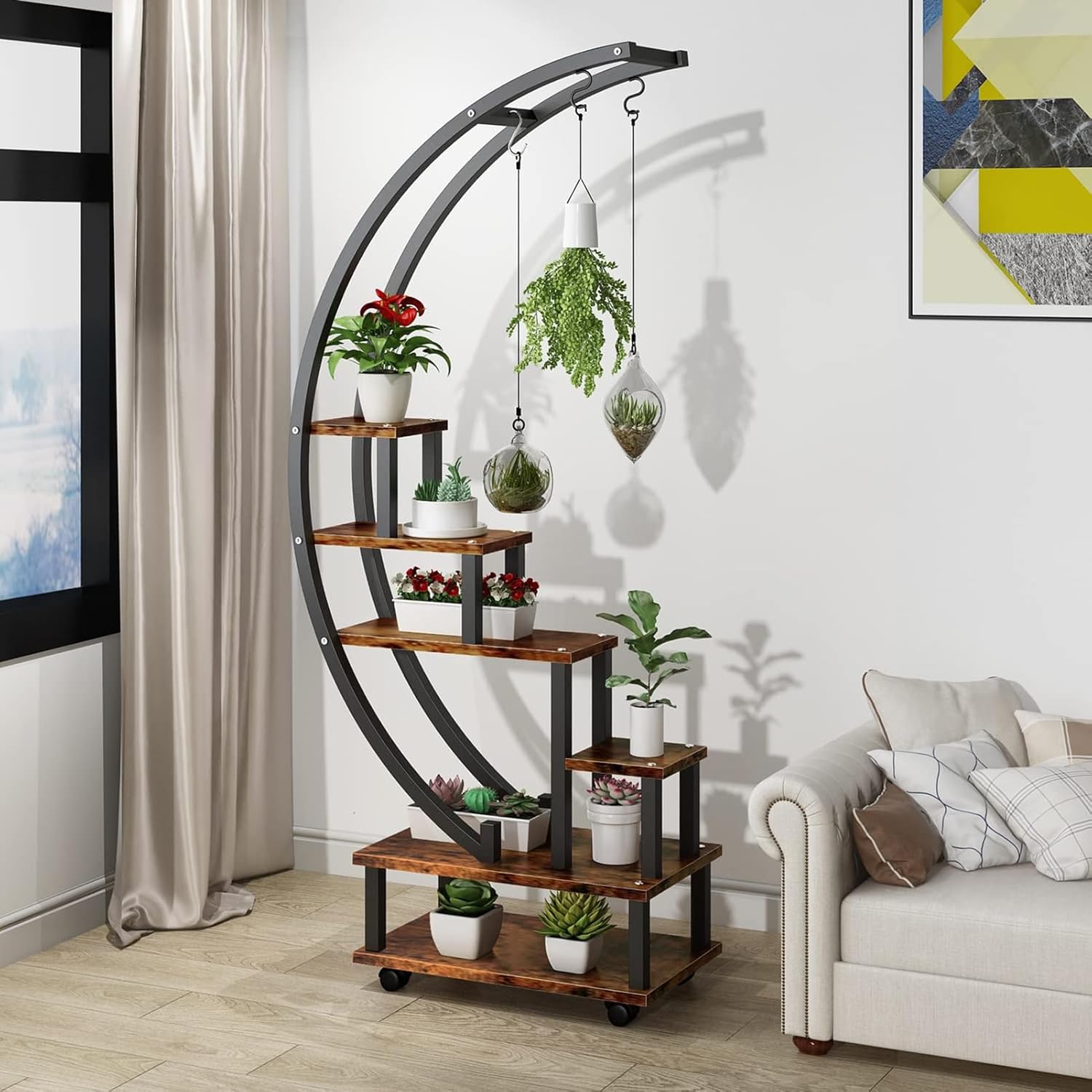 Soporte redondo para plantas, estante de exhibición de 5 niveles para interiores y exteriores con ruedas desmontables, soporte para plantas de