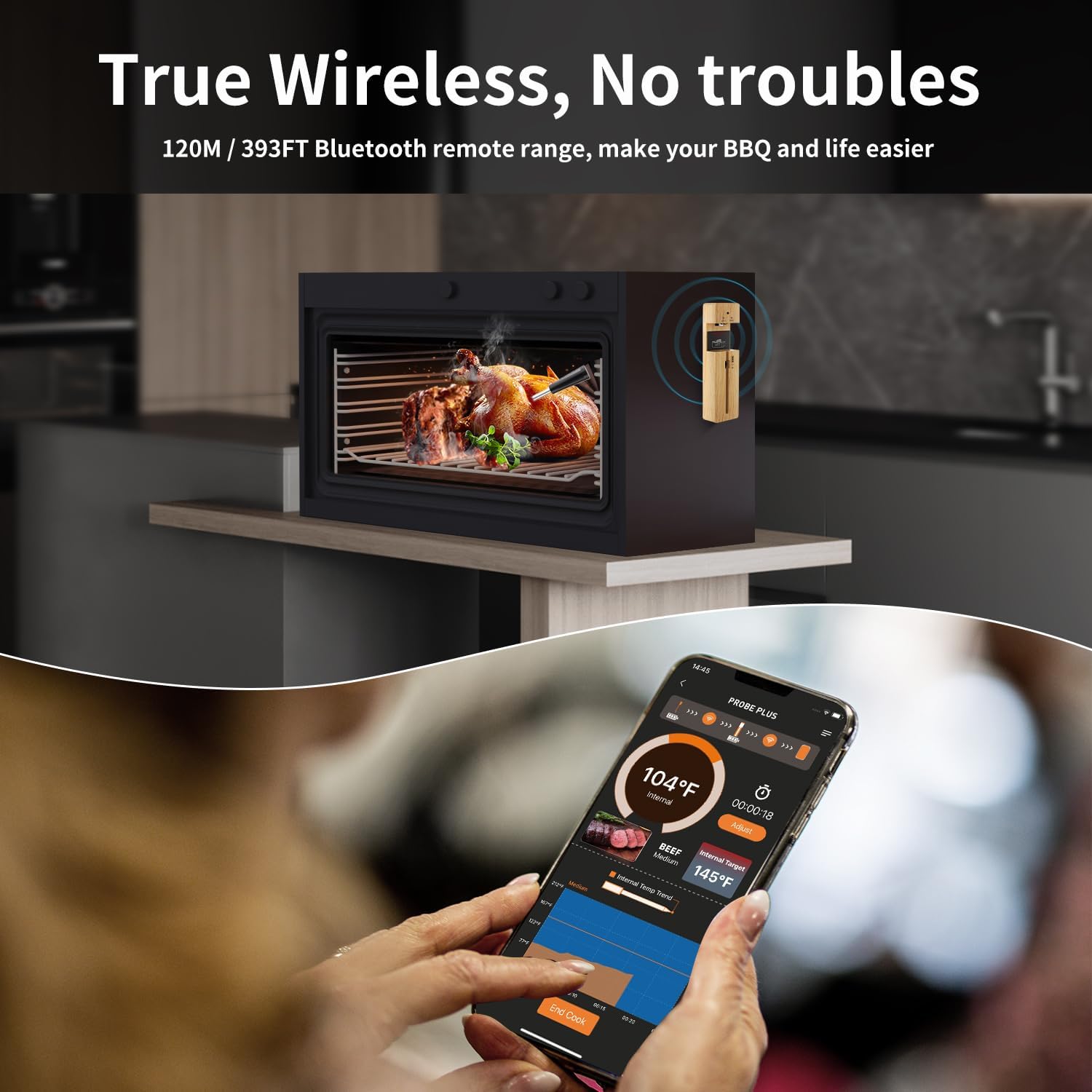 Termómetro de carne verdaderamente inalámbrico, termómetro digital Bluetooth para horno con control de aplicación, alcance remoto de 393.7 ft393