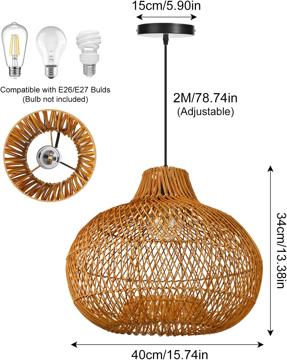 Arturesthome Lámpara colgante de iluminación de cocina de mimbre para granja, lámpara de techo redonda de ratán, lámpara de ratán suspendida para el