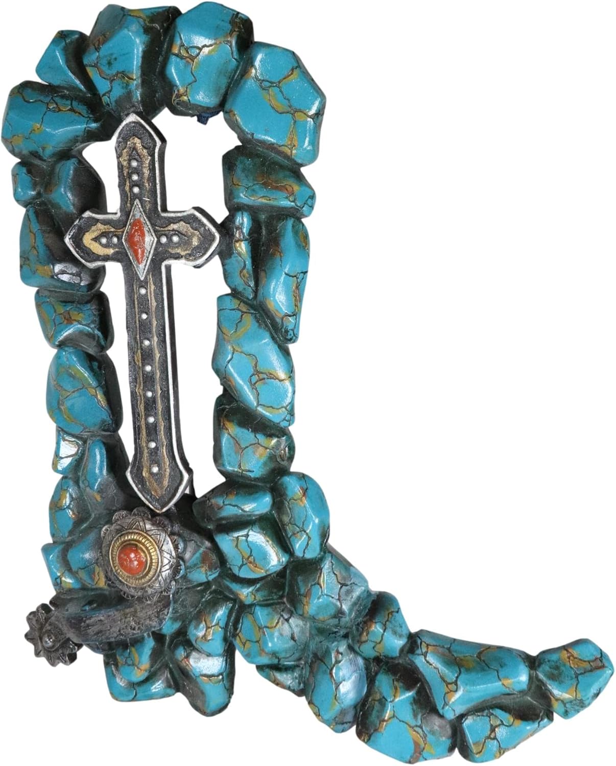 Ebros Gift Botas vaqueras rústicas con piedras preciosas de turquesa agrietada del suroeste con espolón y cruz vintage para colgar en la pared,