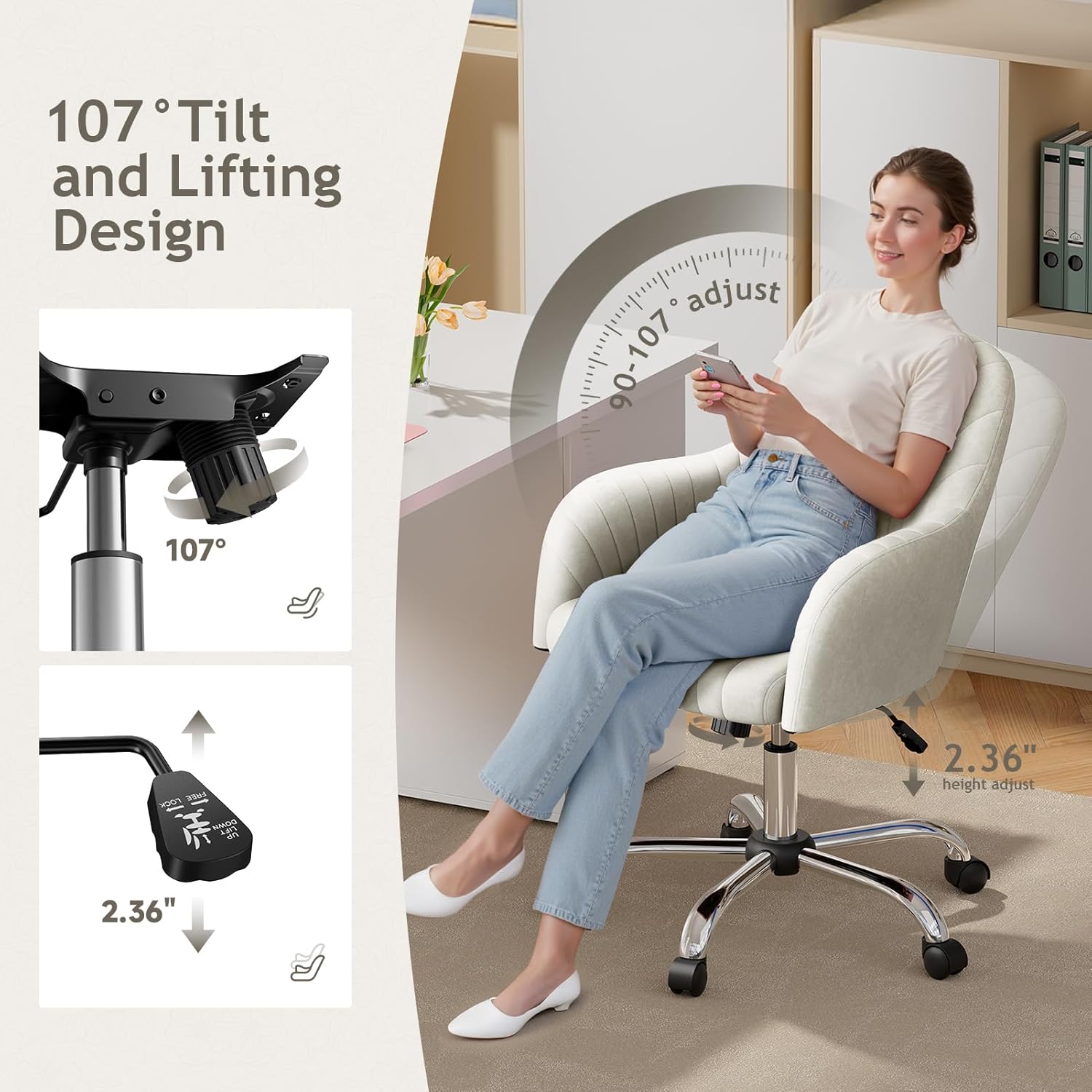 Warmiehomy Silla de escritorio de terciopelo moderna para oficina en casa, cómodas sillas de tocador, silla giratoria ajustable para computadora,