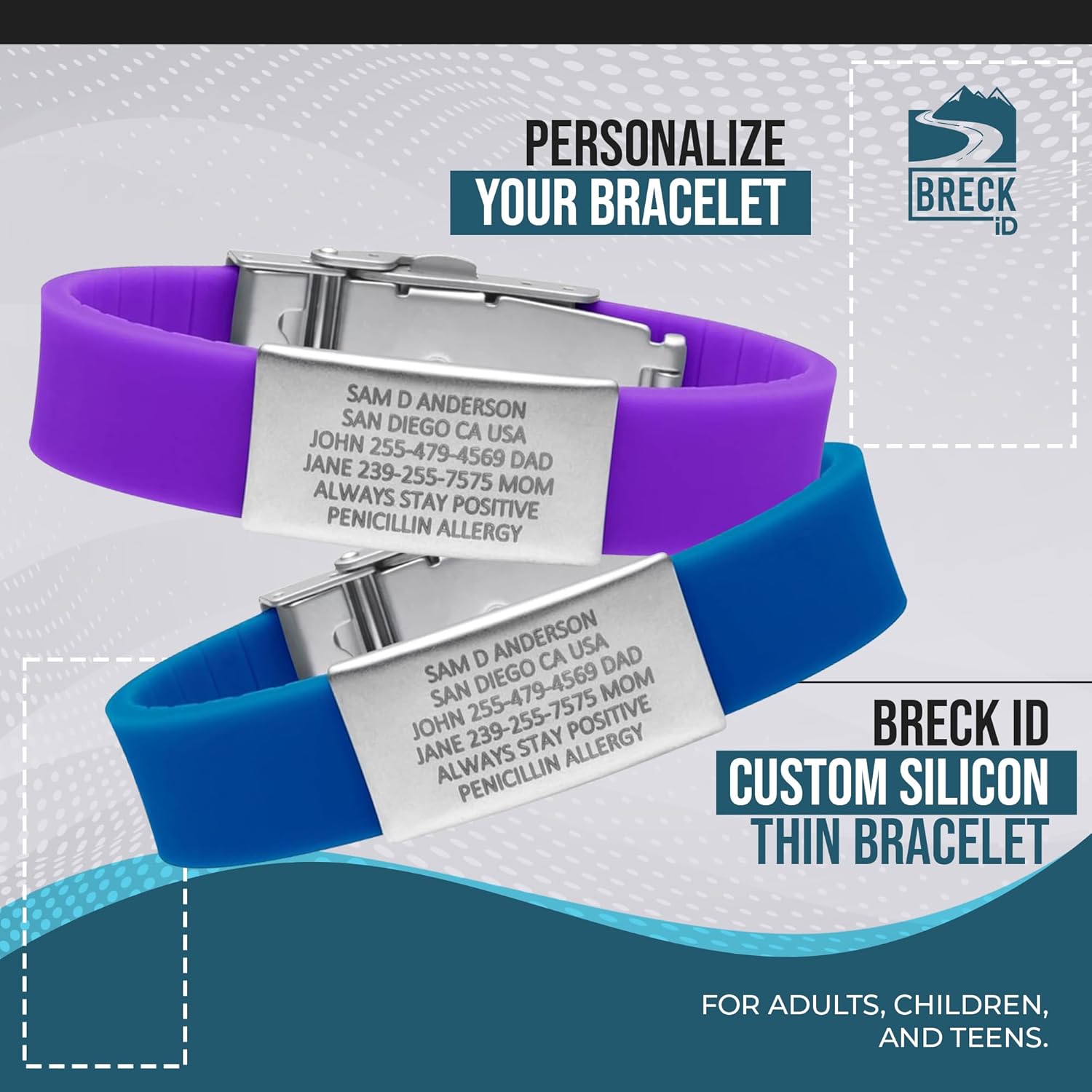 BRECK iD – Pulsera de alerta médica PRO THIN ID – Pulsera de emergencia personalizada para mujeres y hombres, silicona cómoda, acero inoxidable