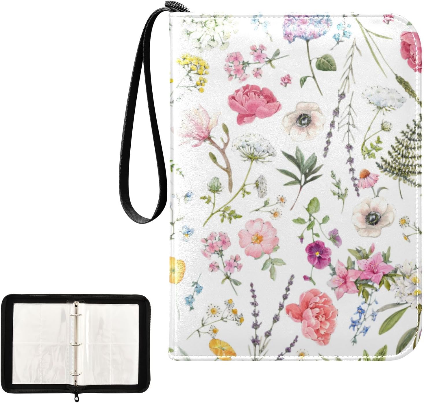 Carpeta de tarjetas coleccionables de rosas florales con 4 bolsillos con 50 fundas extraíbles, carpeta de álbumes de tarjetas de 3 anillos con