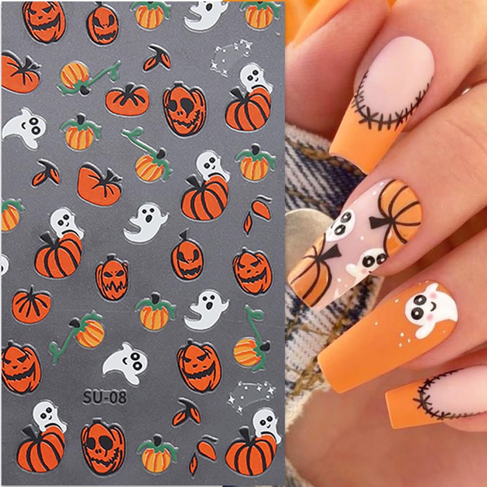 8 hojas de calcomanías de uñas de Halloween para arte de uñas, LPOODDNU de Halloween, calcomanías de uñas autoadhesivas 3D, suministros de arte de