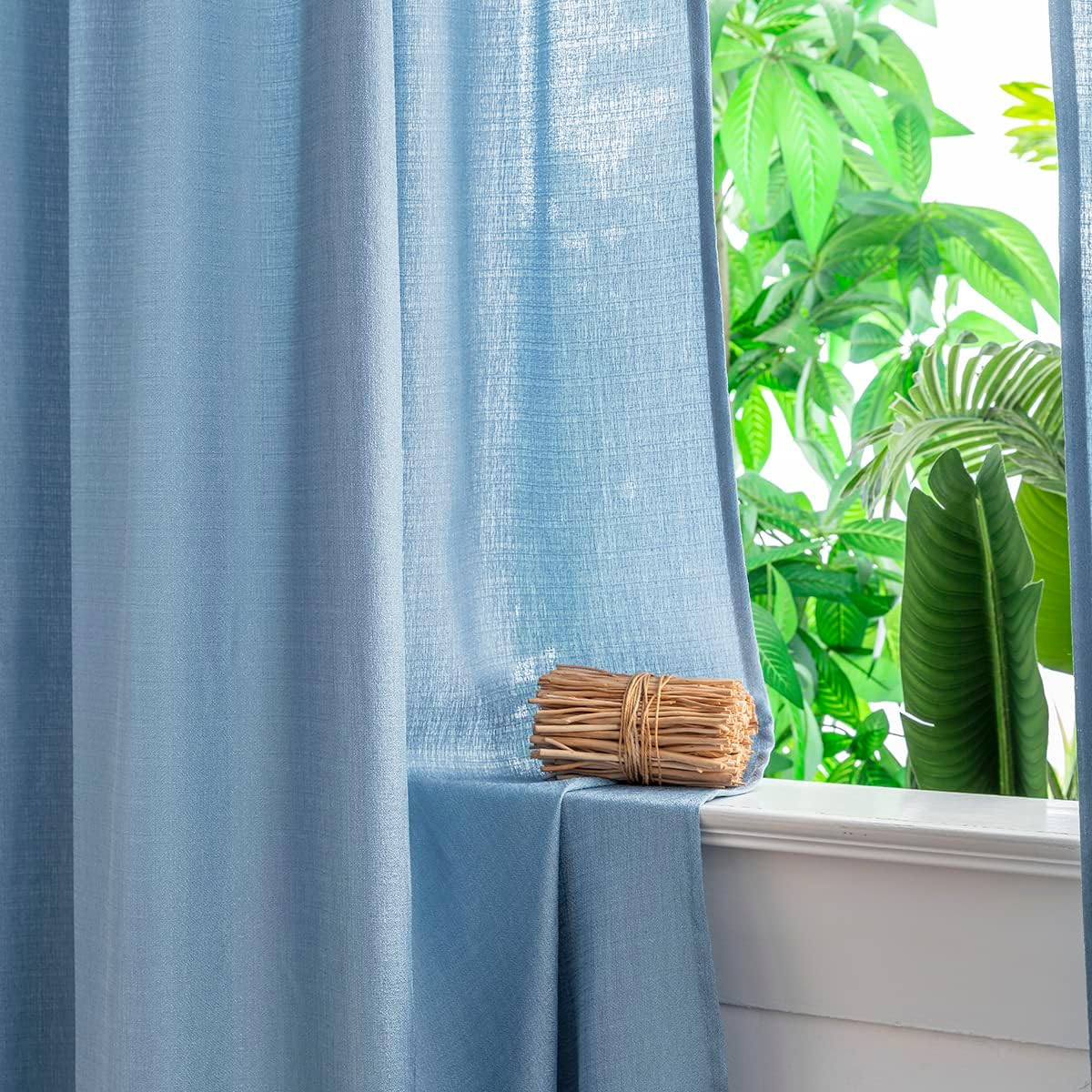 Yancorp Cortinas azules de 84 pulgadas de largo para sala de estar, 2 paneles de lino con textura, juego de cortinas semitransparentes filtrantes de
