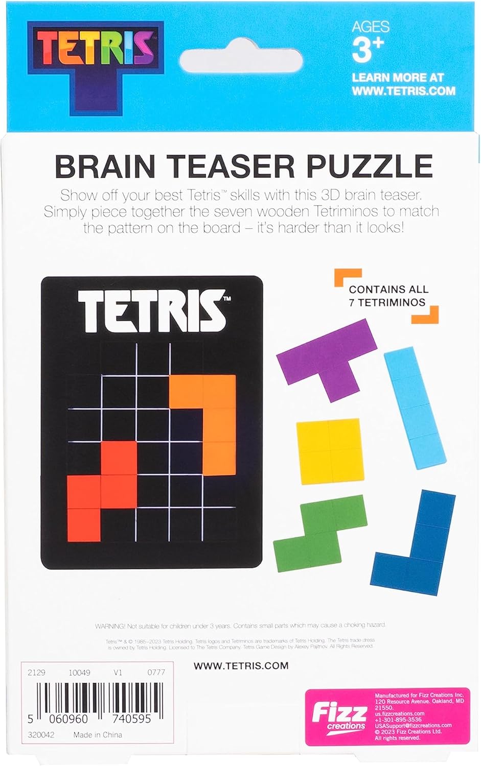 Rompecabezas de Tetris Tetrimino Shapes 3D Brain Teaser. Incluye 7 piezas de madera de tetrimino y tablero de madera plana. Producto oficial de
